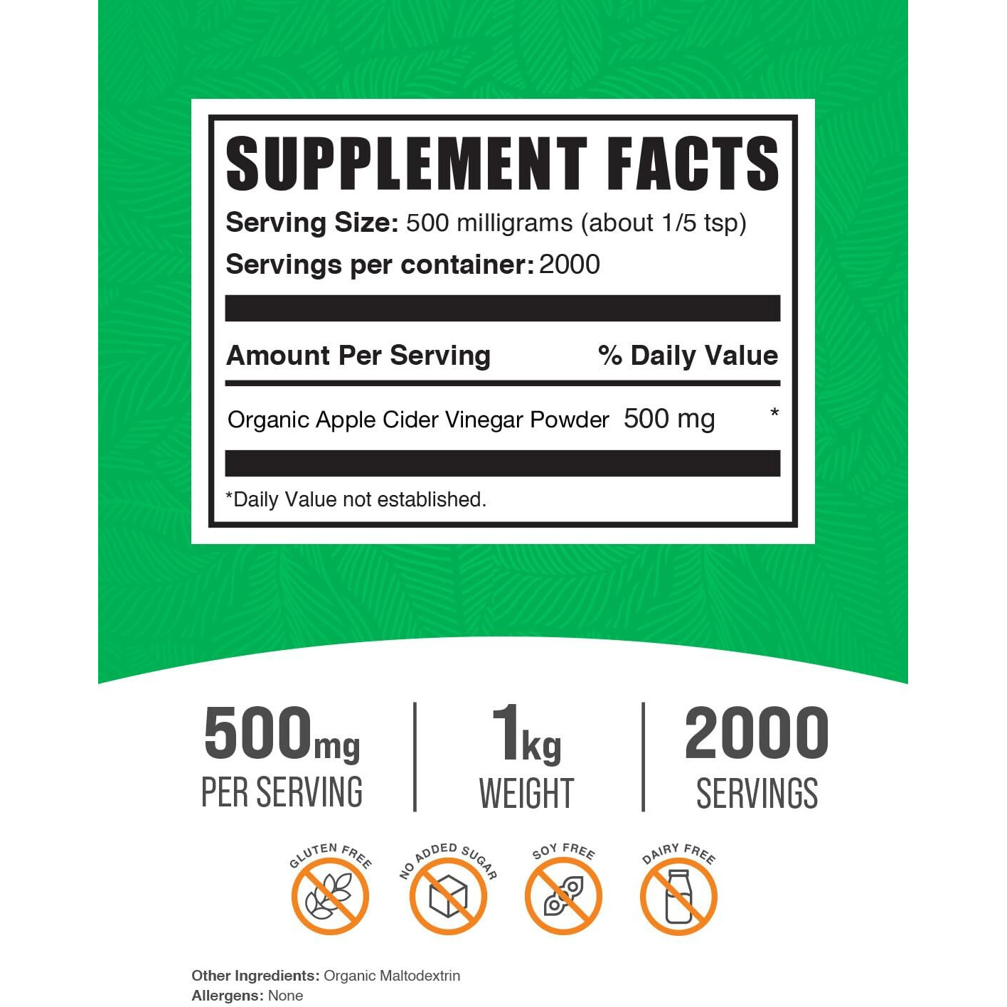 Bulksupplements.Com Organic Apple Cider Vinegar Powder - Apple Cider Vinegar Supplement, Acv For Digestive Support - Vegan & Gluten Free, 500Mg Per Serving, 1Kg (2.2 Lbs) (Pack Of 1)