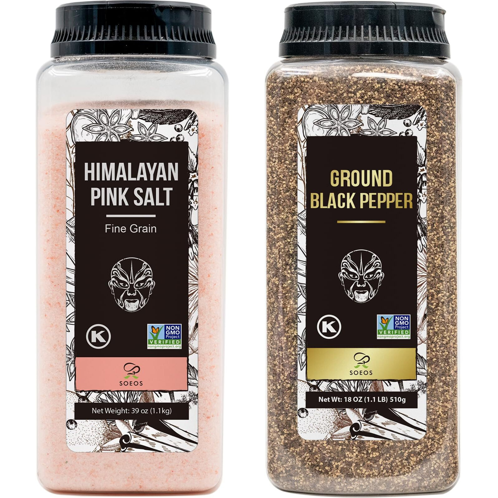 Soeos Himalayan Pink Salt Fine 39 Oz + Ground Black Peppercorns 18 Oz,Salt And Pepper For Grinder Refill