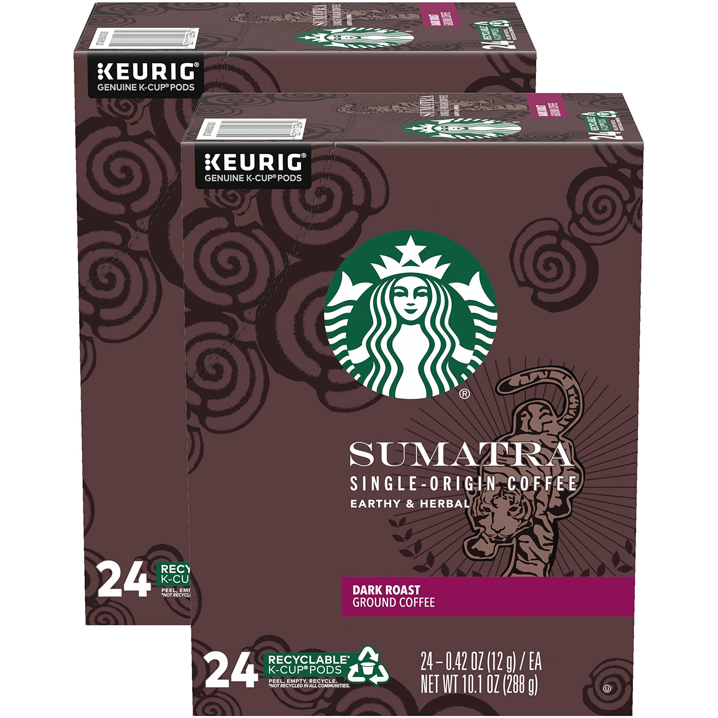Starbucks Sumatra Single-Origin Coffee K-Cup Pods, Dark Roast Ground Coffee With Earthy & Herbal Flavor, 24 Ct K-Cup Pods Per Box (Pack Of 2 Boxes)