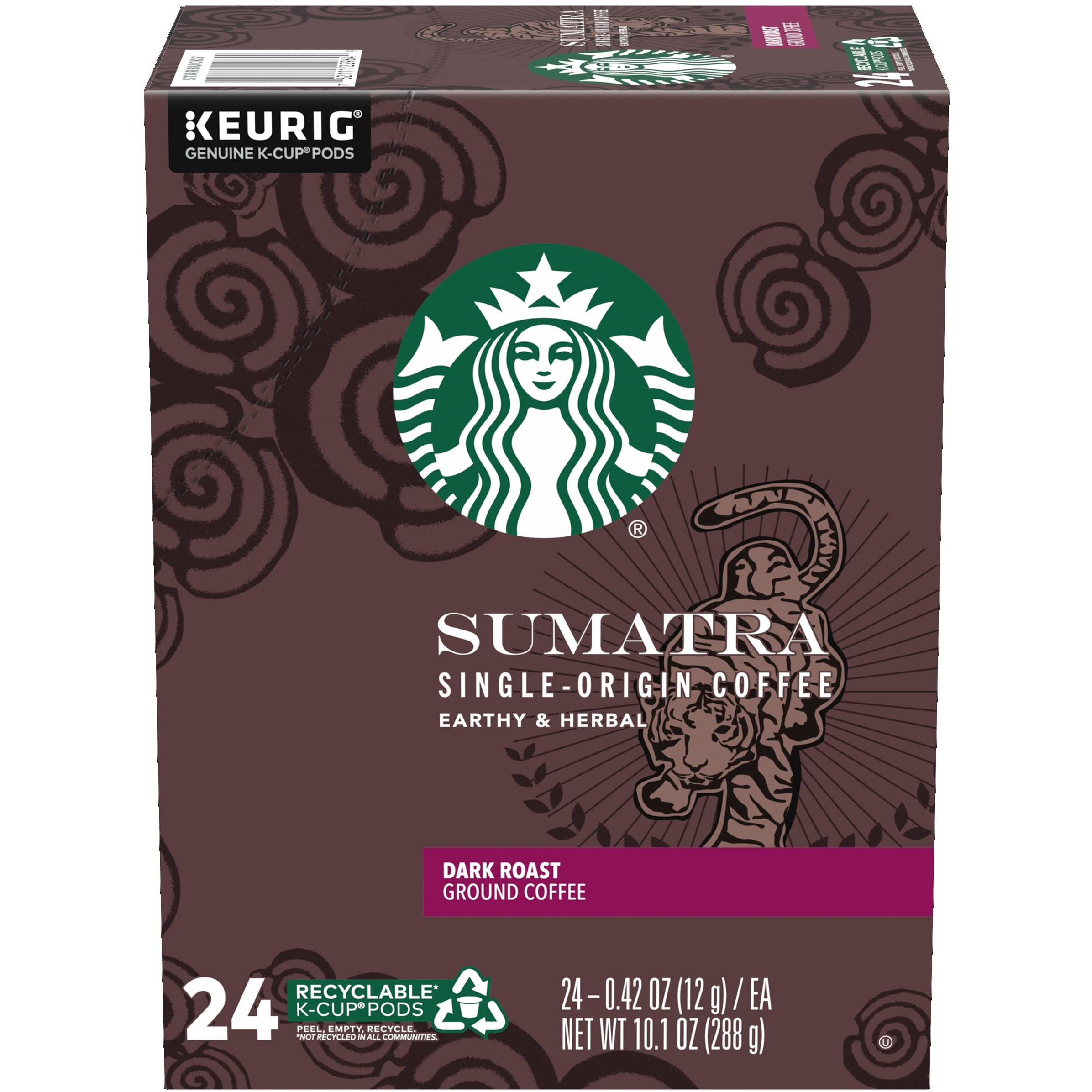 Starbucks Sumatra Single-Origin Coffee K-Cup Pods, Dark Roast Ground Coffee With Earthy & Herbal Flavor, 24 Ct K-Cup Pods Per Box (Pack Of 2 Boxes)