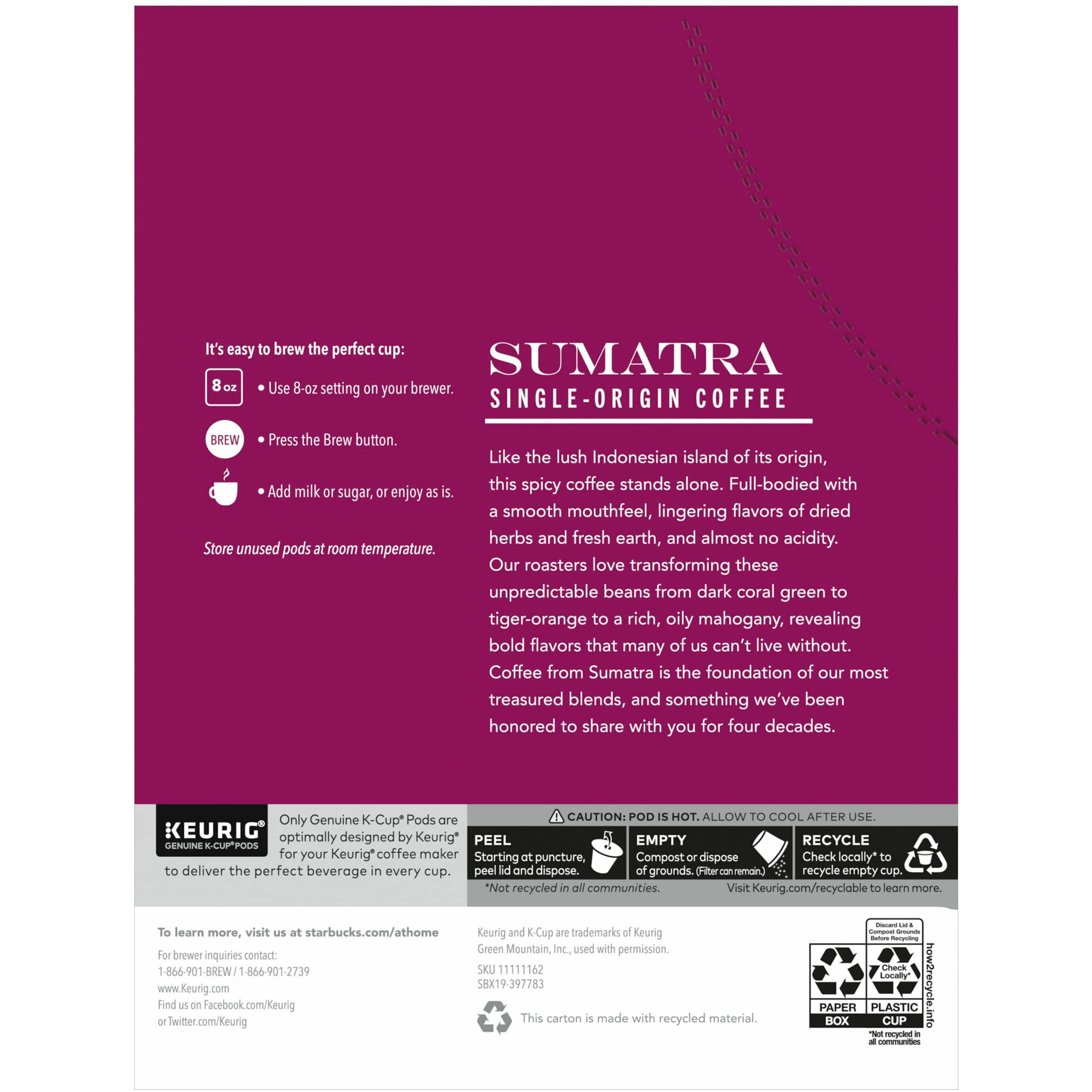 Starbucks Sumatra Single-Origin Coffee K-Cup Pods, Dark Roast Ground Coffee With Earthy & Herbal Flavor, 24 Ct K-Cup Pods Per Box (Pack Of 2 Boxes)