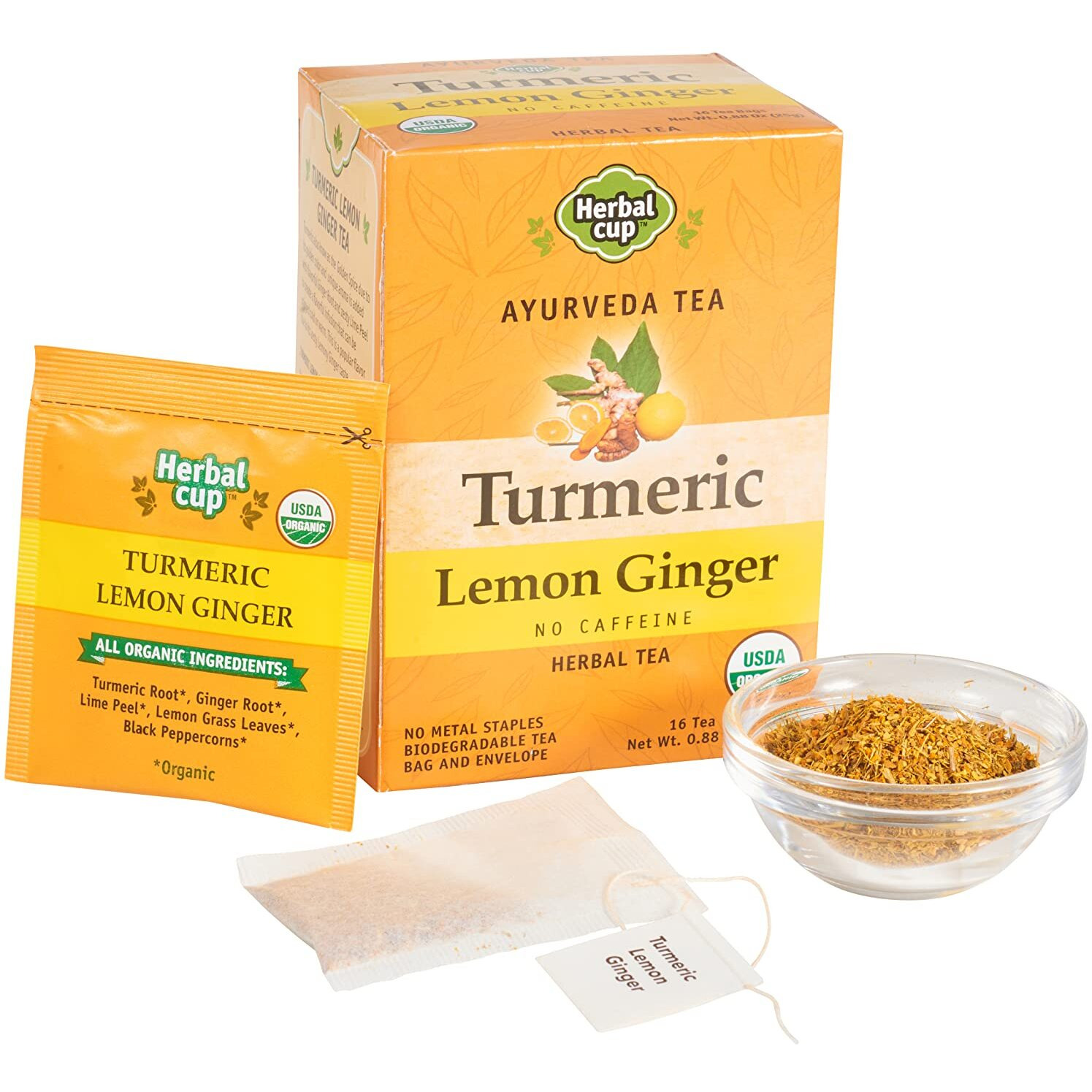 Herbal Cup Ayurveda Turmeric Tea, Organic Lemon Ginger, No Caffeine Herbal Teas (Organic Lemon Ginger, 16 Count (Pack Of 1))