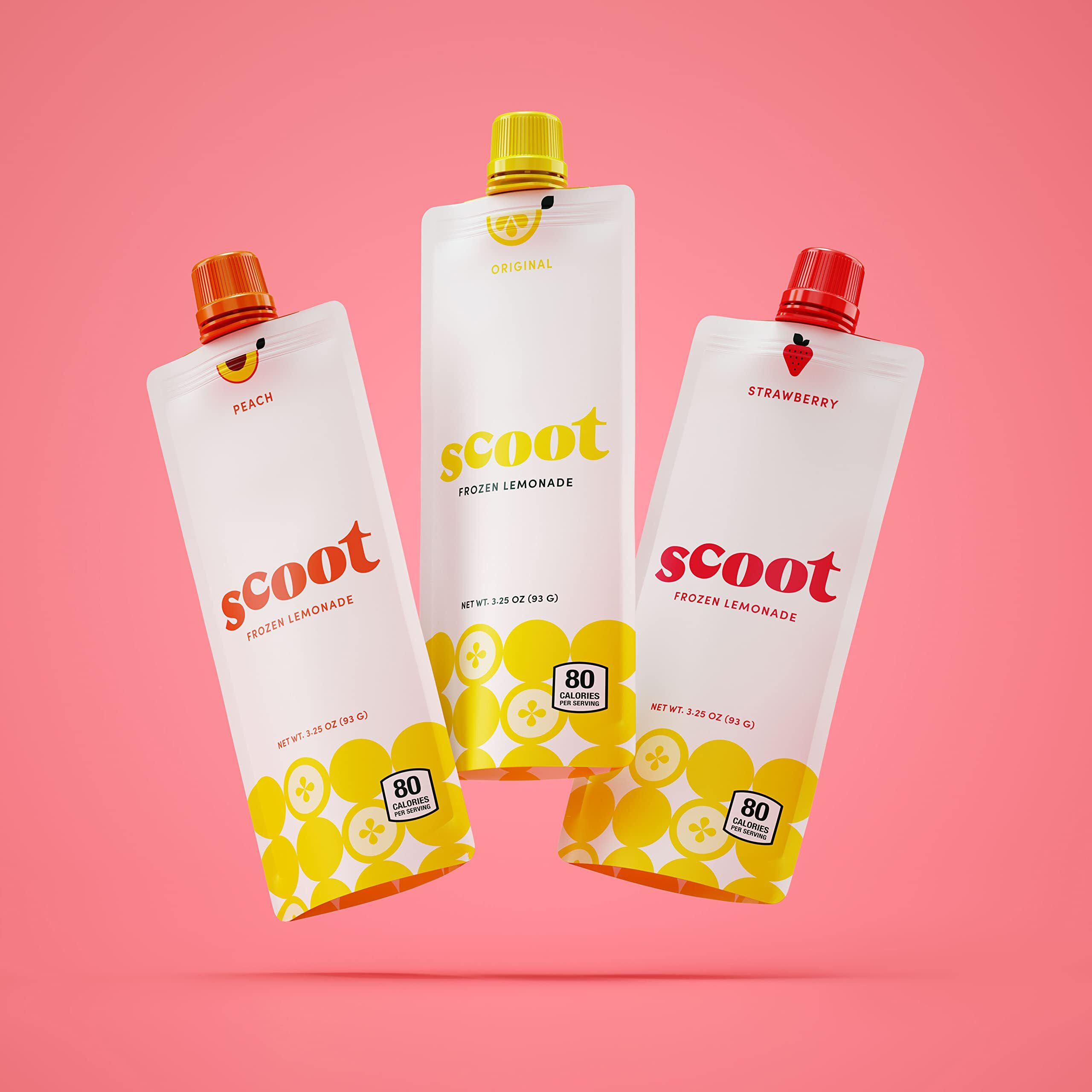 Scoot Frozen Lemonade Variety 12 Pack Featuring Original, Peach, And Strawberry Flavors. 12-3.25-Ounce Shelf-Stable Pouches, Ready To Freeze, Squeeze Into A Slushy, And Enjoy