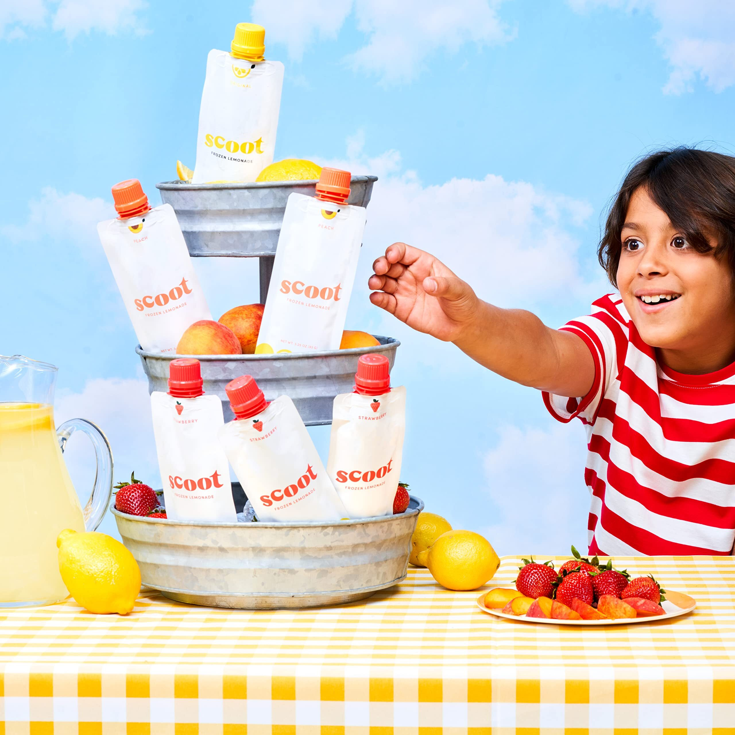 Scoot Frozen Lemonade Variety 12 Pack Featuring Original, Peach, And Strawberry Flavors. 12-3.25-Ounce Shelf-Stable Pouches, Ready To Freeze, Squeeze Into A Slushy, And Enjoy