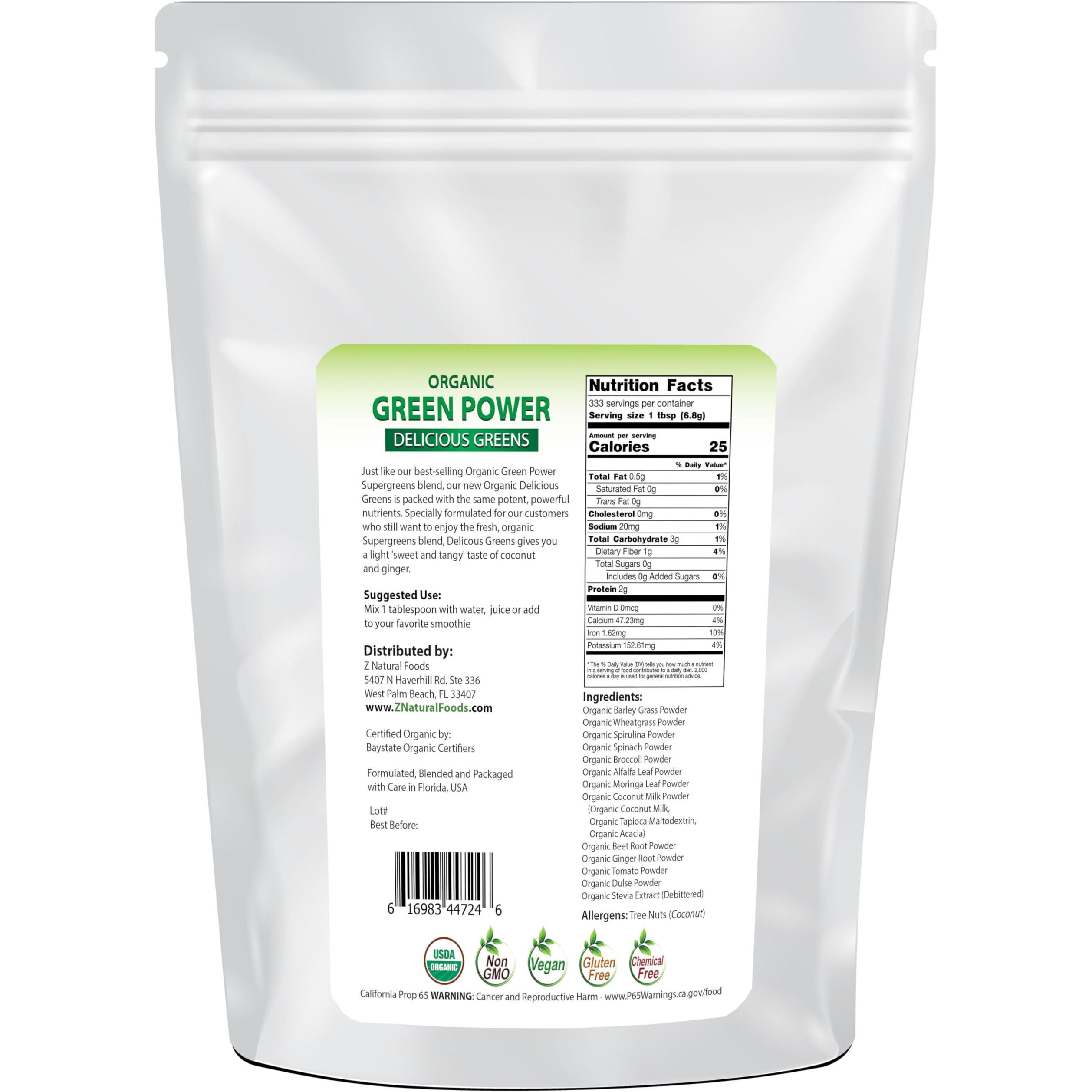 Z Natural Foods Organic Green Powder Supergreens, Superfood Powder, Antioxidant-Rich, Nutrient-Dense Greens Blend, 100% Natural Superfood, Vegan, Gluten Free, Non-Gmo, Kosher, 5 Lb
