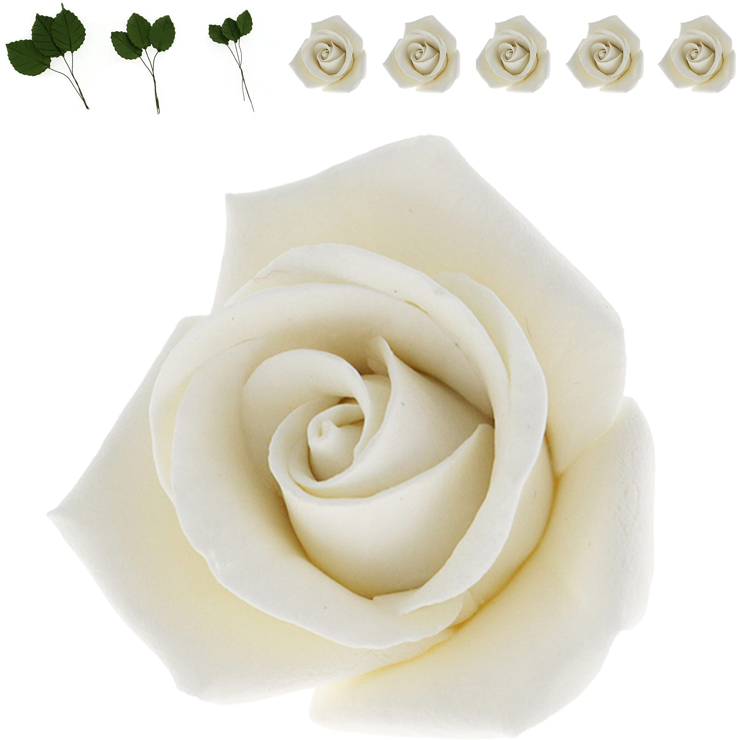 Global Sugar Art Peace Rose White Sugar Cake Flowers 5 Count With Leaves By Chef Alan Tetreault