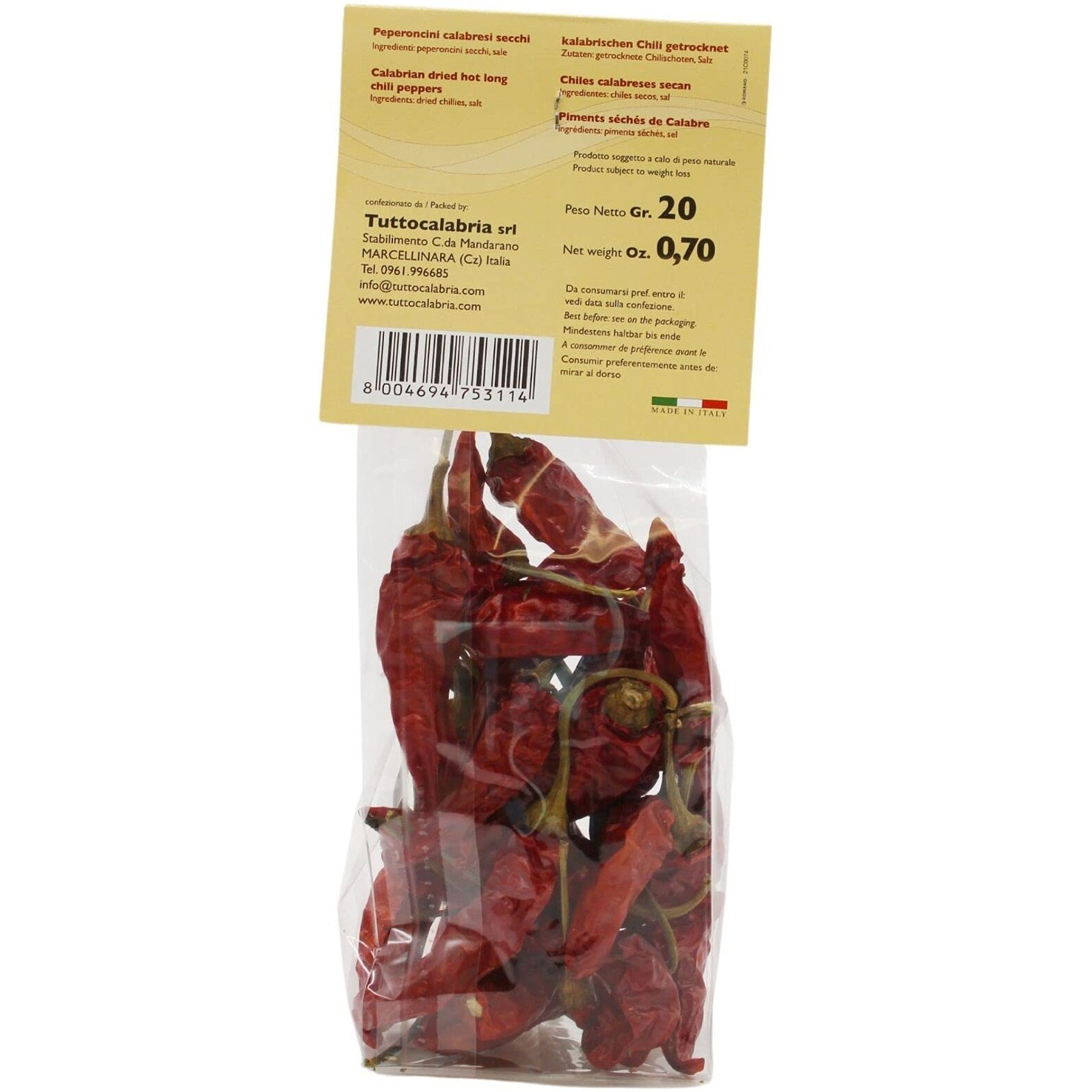 Dried Whole Calabrian Chili Peppers, 20 G, Dry Peppers On Stem, Great For Cooking Or Decoration, All Natural, Non-Gmo, Product Of Italy, Tuttocalabria