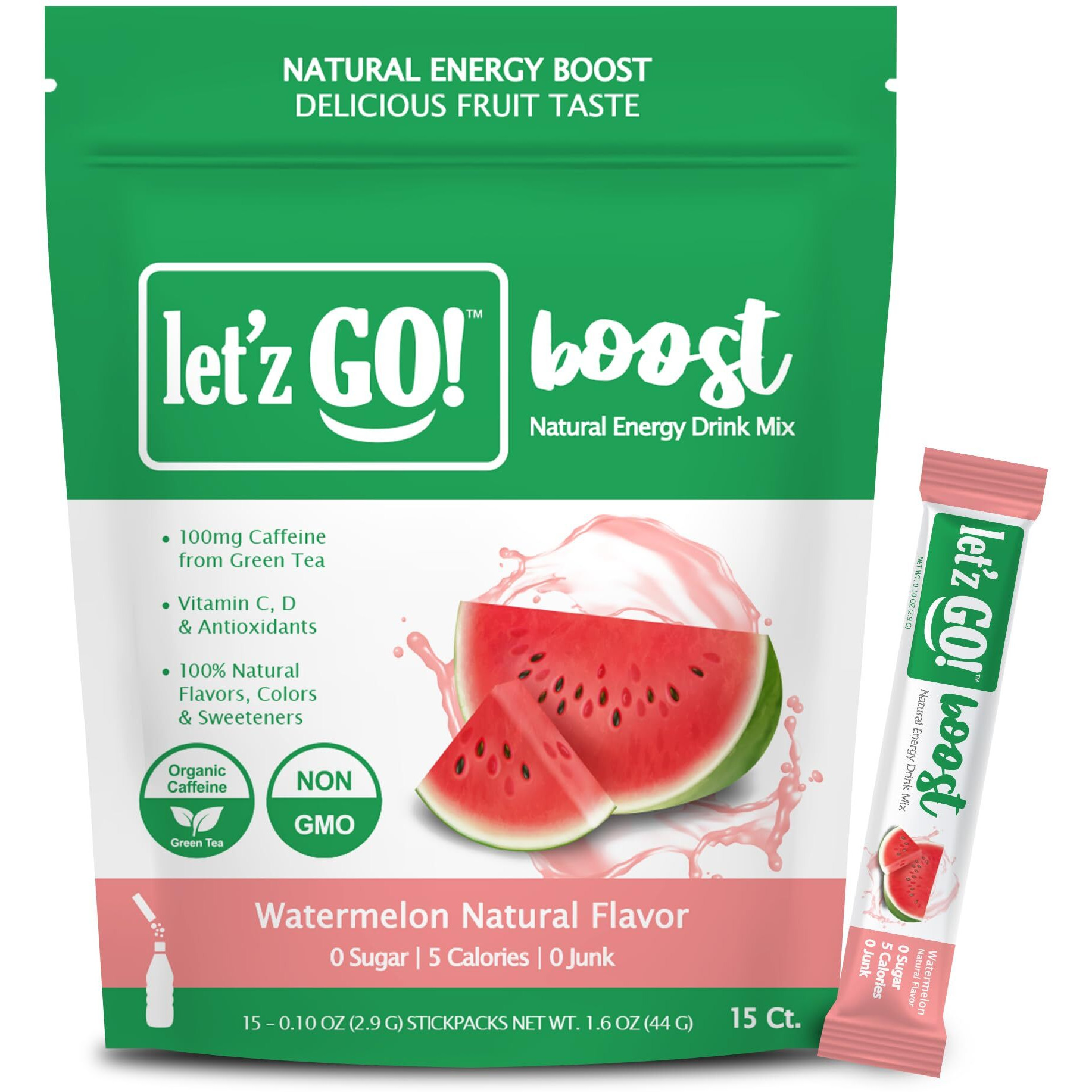 Let'Z Go Clean Energy Drink Mix [Healthy Caffeine] Energy Drink Powder With Natural Caffeine Packets, High In Vitamins C + D, Electrolytes, Hydration | Sugar Free | Pre Workout | 15 Count Watermelon