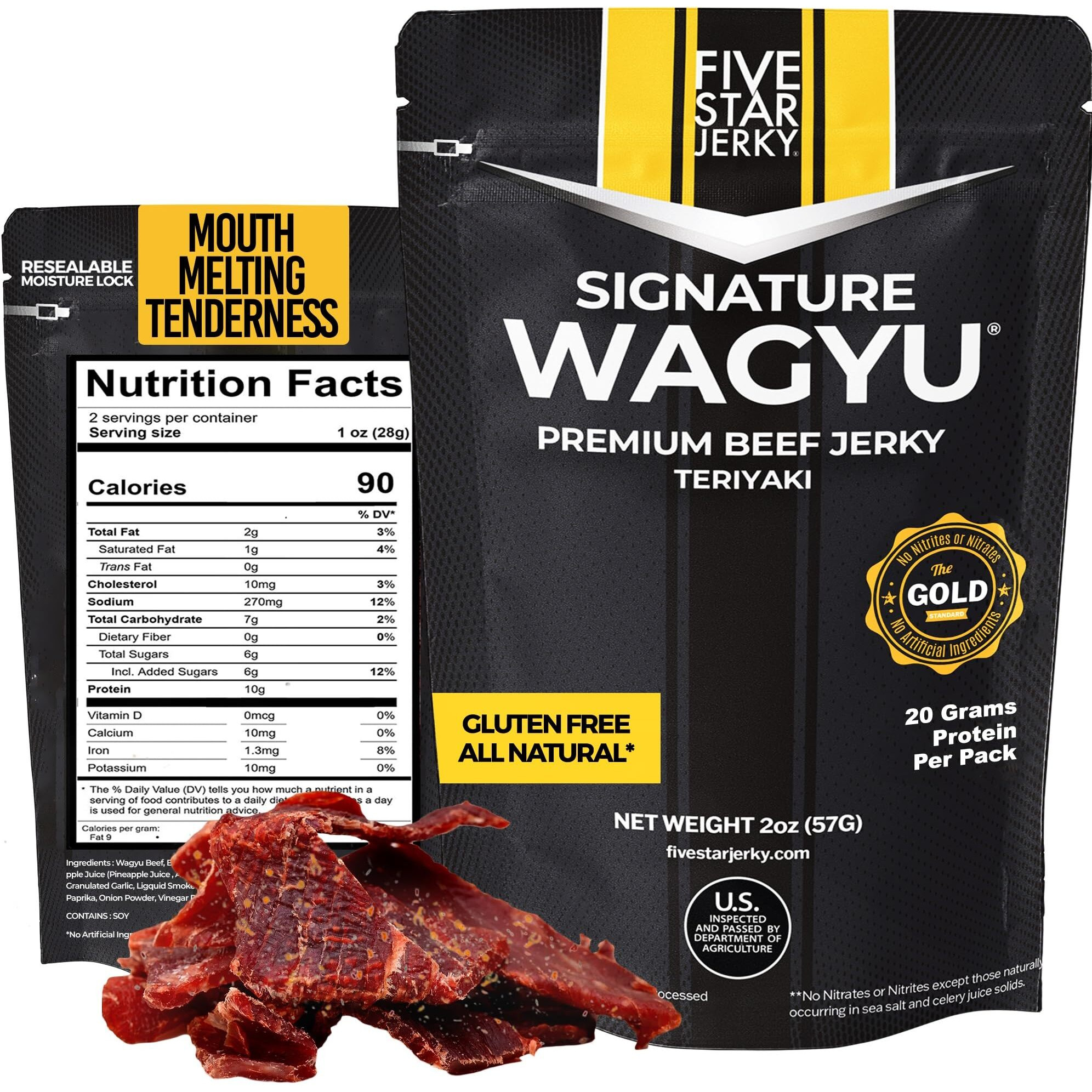 Five Star Wagyu Teriyaki Beef Jerky, Soft & Mouth Melting Tender Jerky, Award-Winning Premium Beef Jerky, No Artificial Ingredients, Premium Gift Snack, Nitrate/Nitrite-Free, Gluten-Free, Wagyu Beef Snacks (2 Pack Of 2 Oz - Total 4Oz)