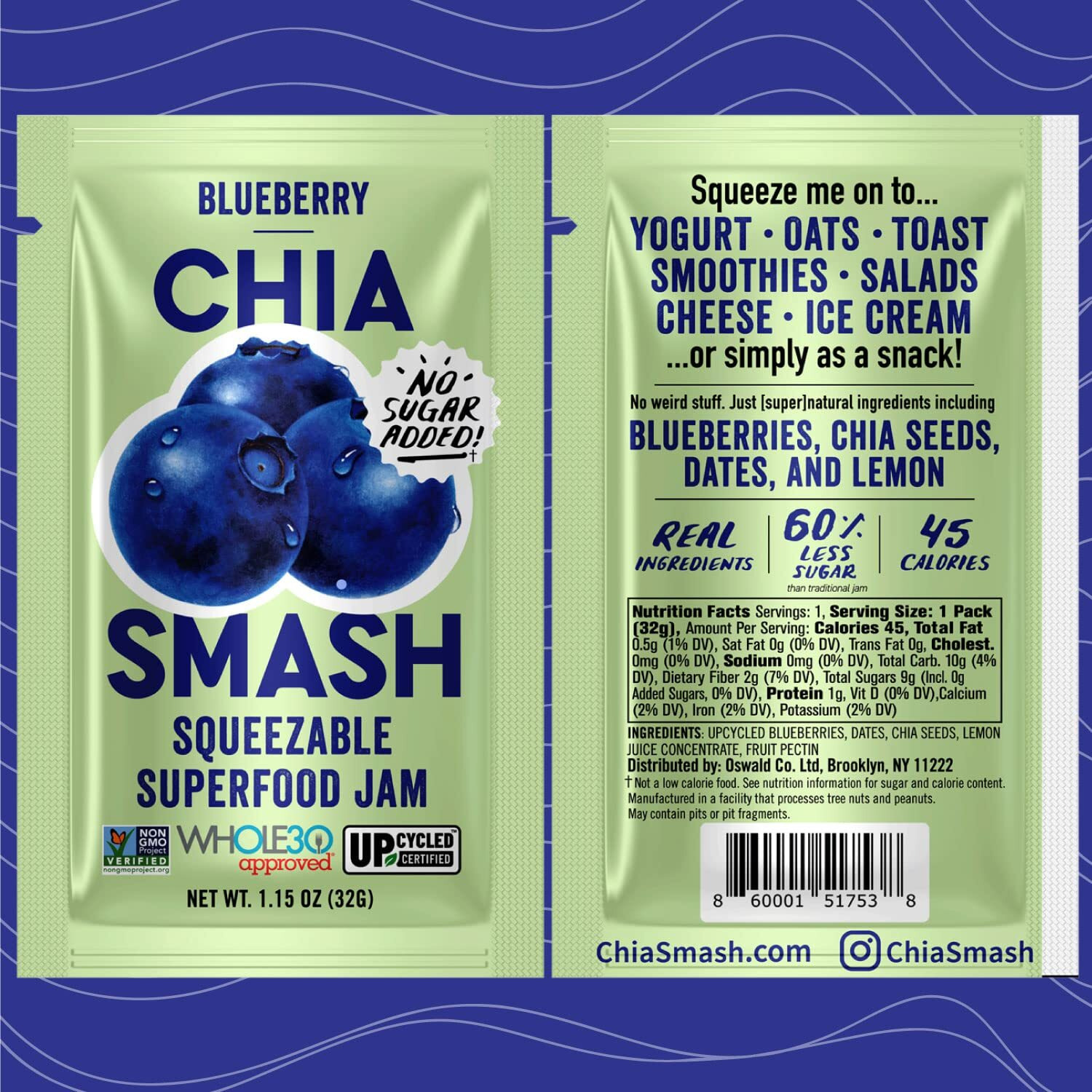 Chia Smash Blueberry Jam Squeeze Packets | Natural, Keto & No Sugar Added | Vegan & Upcycled Fruit Spread | Low-Calorie, Superfood Snack | Single-Serve (10 Packets)