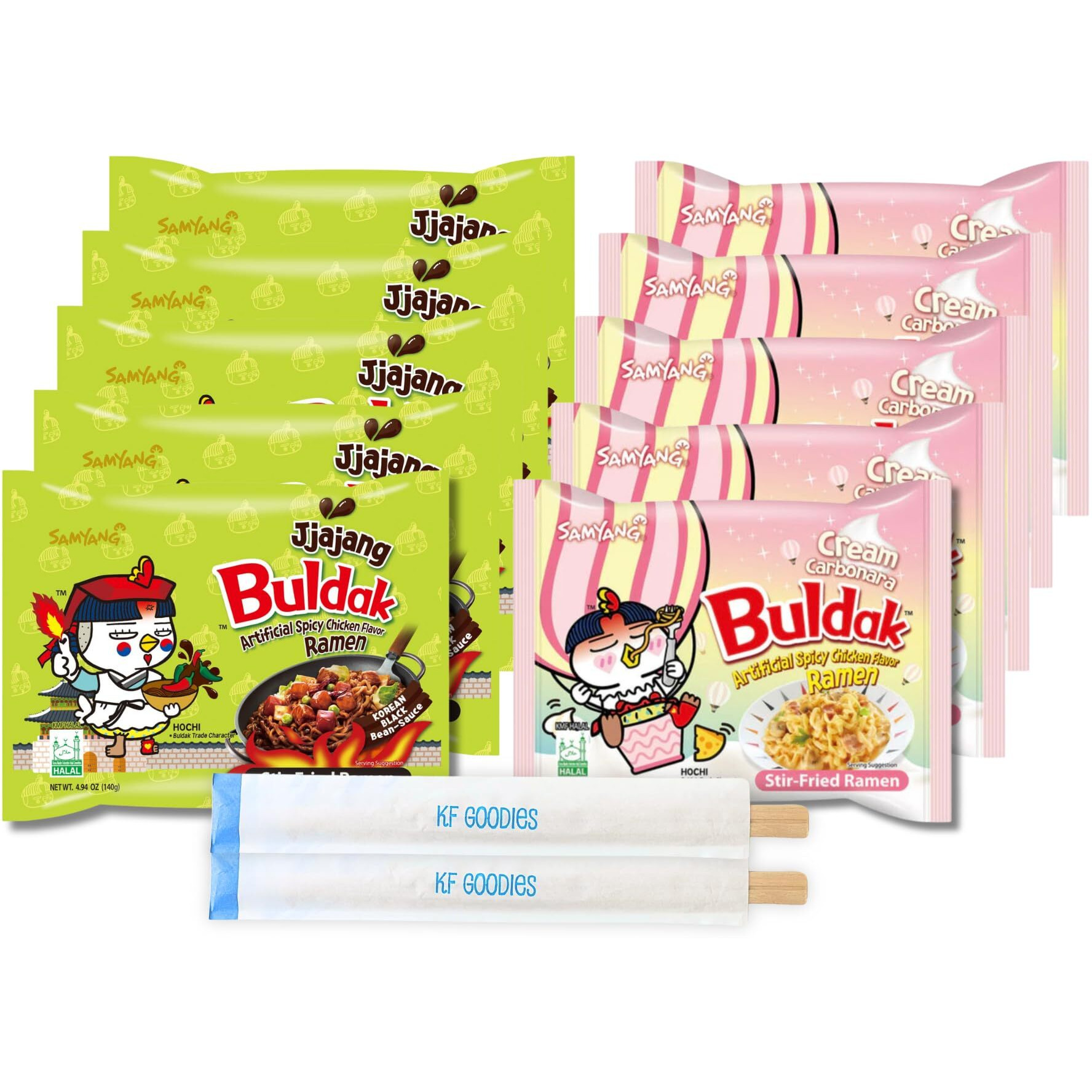 Samyang Buldak Hot Spicy Chicken Ramen Noodle Korean Stir-Fried Ramen, Cream Carbonara And Jjajang Flavor, 5 Pack For Each Flavor (10, Cream Carbonara, Jjajang)
