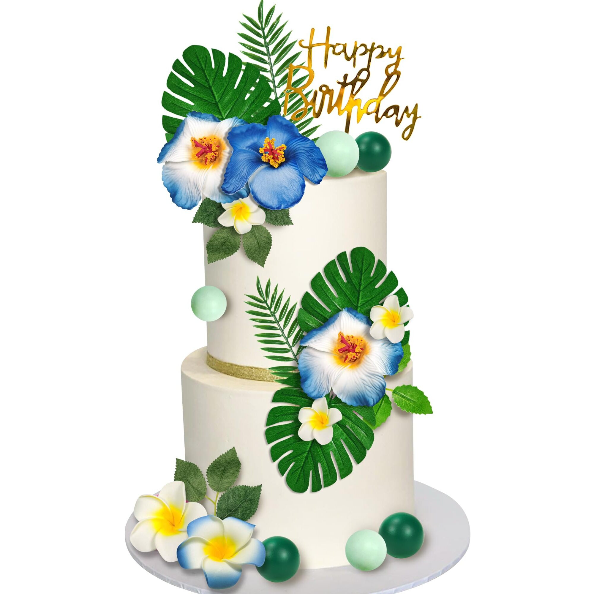 23 Pcs Flower Cake Topper Hawaiian Cake Decorations With Palm Leaves Hibiscus Flowers Balls For Hawaii Aloha Jungle Summer Theme Wedding Birthday Baby Shower (Blue)