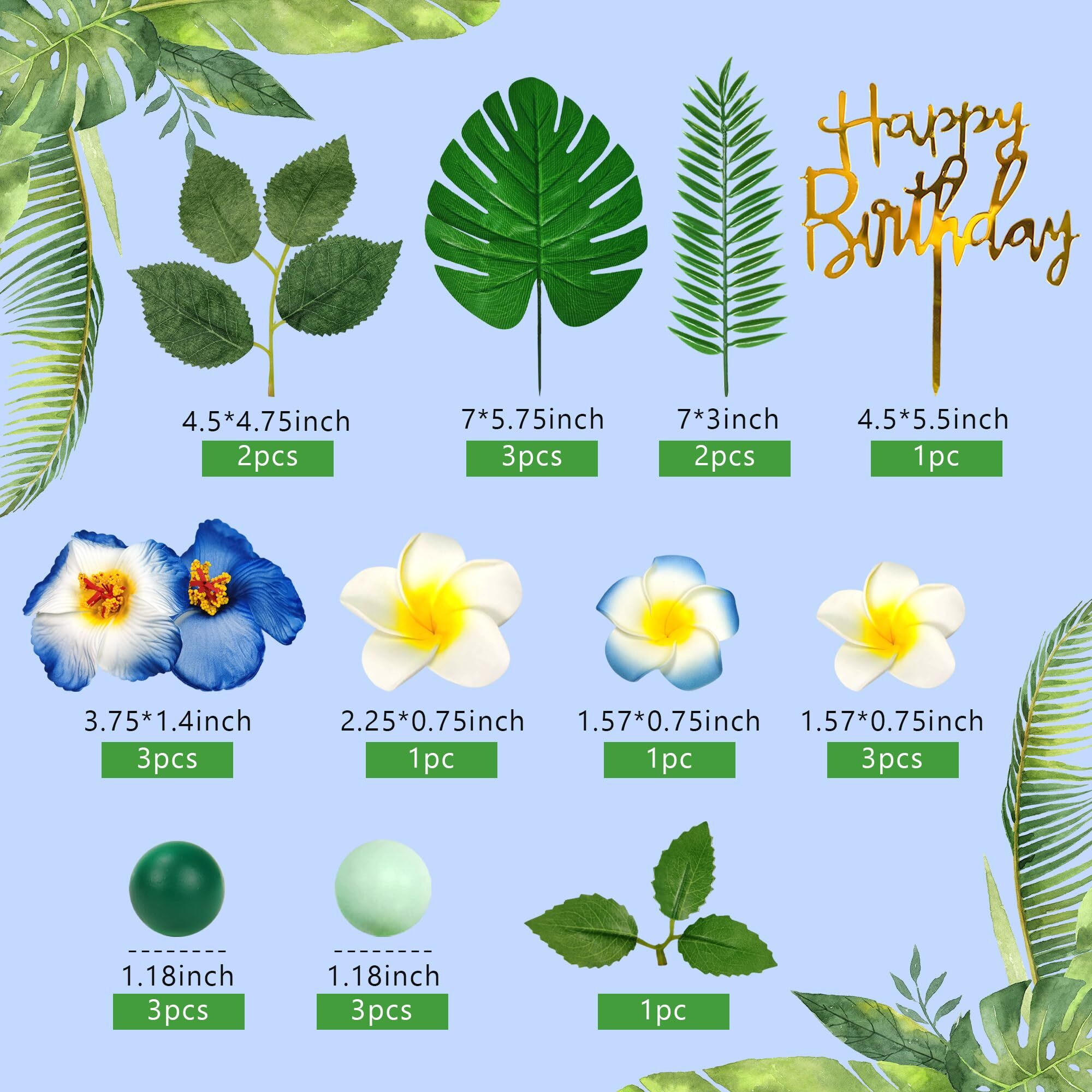 23 Pcs Flower Cake Topper Hawaiian Cake Decorations With Palm Leaves Hibiscus Flowers Balls For Hawaii Aloha Jungle Summer Theme Wedding Birthday Baby Shower (Blue)