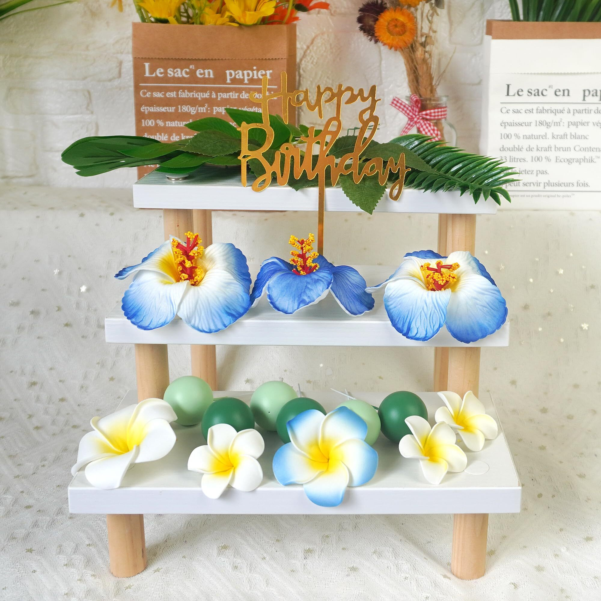 23 Pcs Flower Cake Topper Hawaiian Cake Decorations With Palm Leaves Hibiscus Flowers Balls For Hawaii Aloha Jungle Summer Theme Wedding Birthday Baby Shower (Blue)