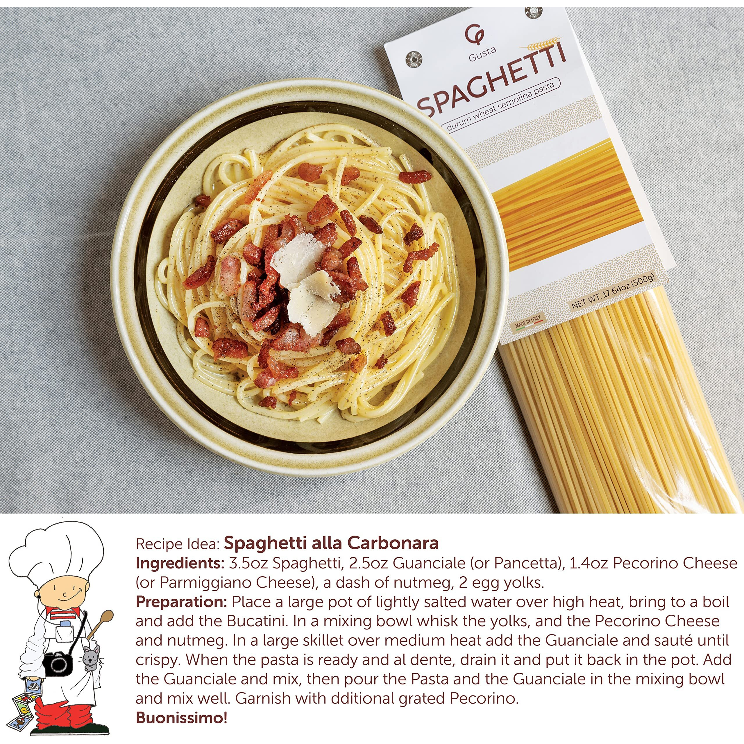Gusta Spaghetti Noodles Pasta - Premium Italian Pasta From Italy - Durum Wheat Semolina Organic "&quotAl Dente"" Pasta - Non-Gmo & Gourmet Pasta - Family Owned Brand - 17.64Oz / 500G (2 Pack)