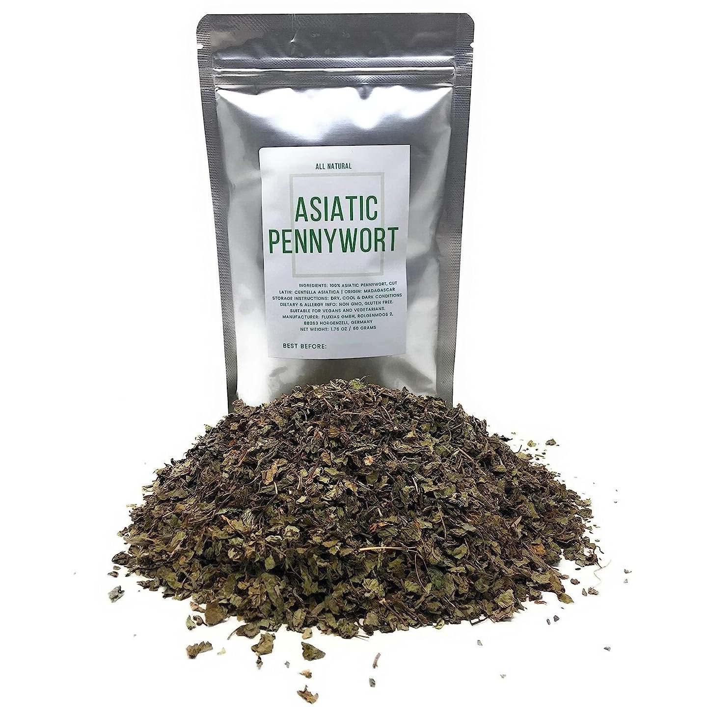 100% Natural Gotu Kola (Asiatic Pennywort) - Dried & Cut Centella Asiatica From Madagascar - Net Weight 1.76 Oz / 50 Grams