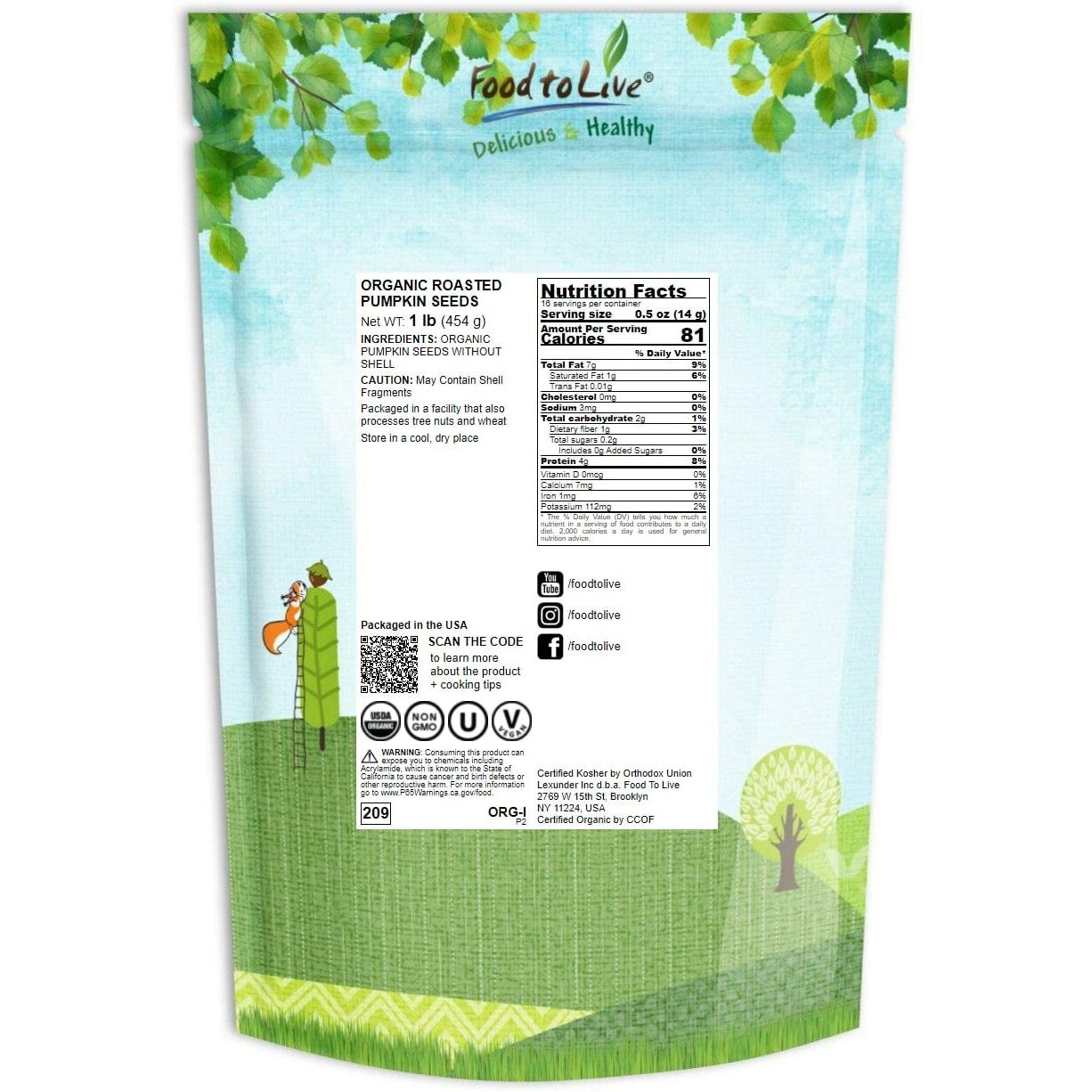 Food To Live Organic Dry Roasted Pumpkin Seed Kernels, 1 Pound - Non-Gmo, Unsalted, Oven Roasted Whole Pepitas, No Oil Added, Shelled, Vegan, Kosher, Keto, Bulk. Low In Carbs. High In Protein.