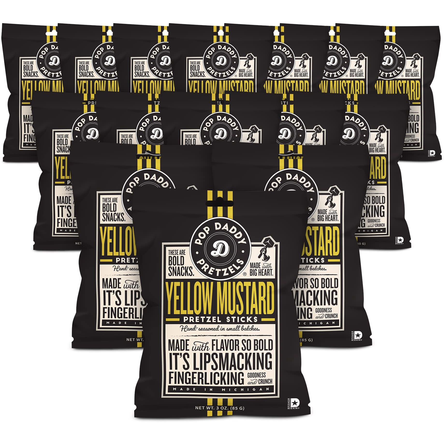 Pop Daddy Flavored Pretzels Sticks | Yellow Mustard Flavor | 3Oz Healthy Gourmet Pretzels Snacks | 15 Pack