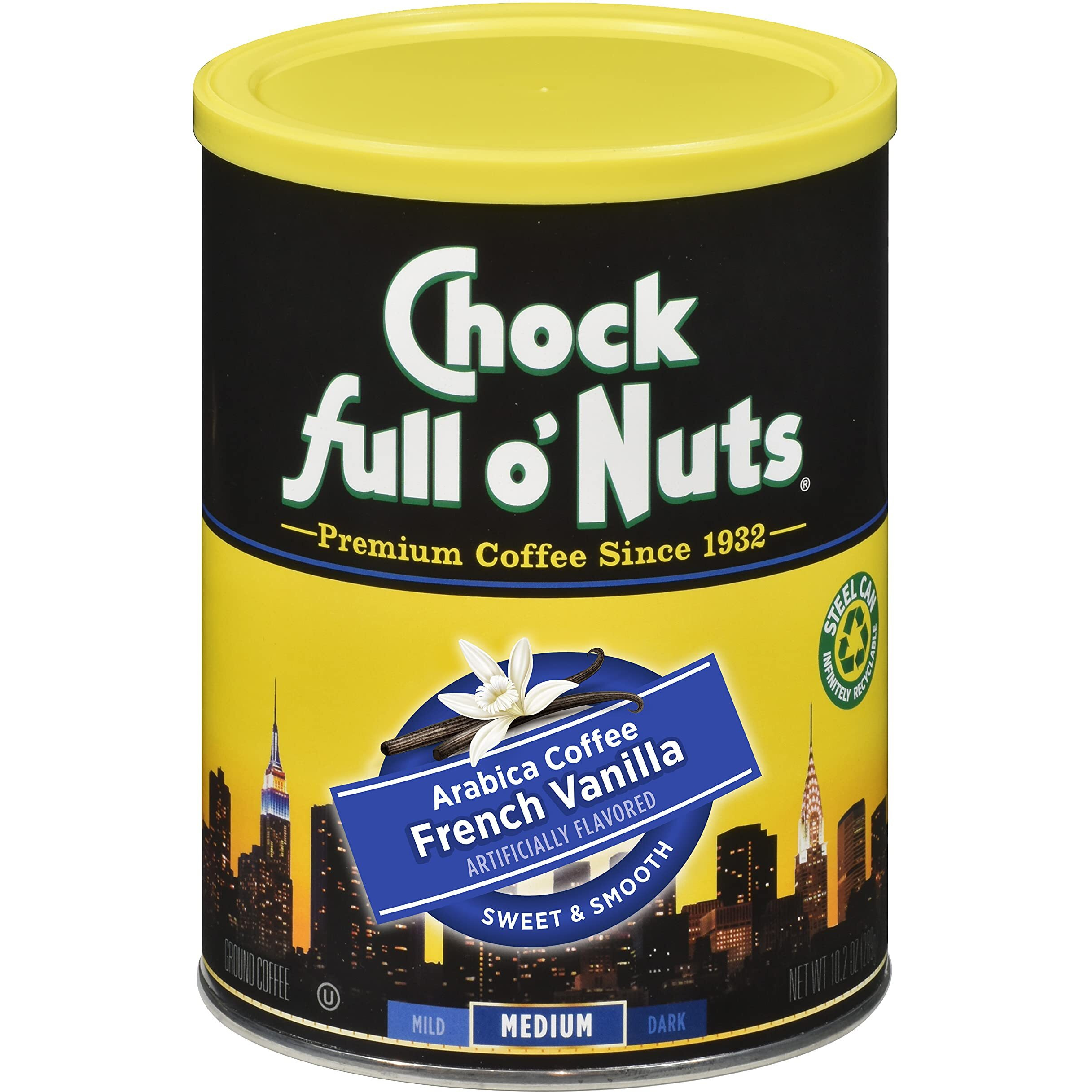 Chock Full Onuts French Vanilla Roast, Medium Roast Ground Coffee, Sweet And Delicious With An Inviting Aroma And Rich, Vanilla Flavor (10.2 Oz. Can)