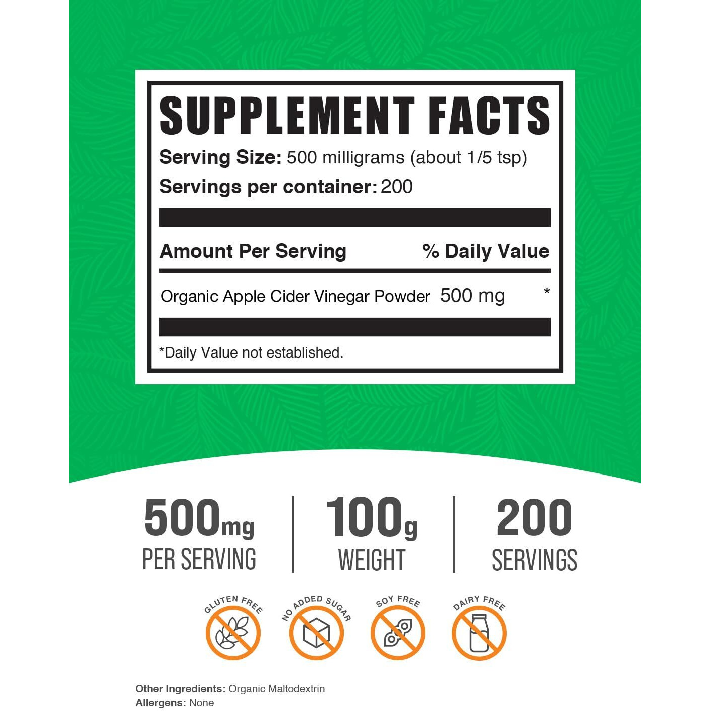 Bulksupplements.Com Organic Apple Cider Vinegar Powder - Apple Cider Vinegar Supplement, Acv For Digestive Support - Vegan & Gluten Free, 500Mg Per Serving, 100G (3.5 Oz) (Pack Of 1)
