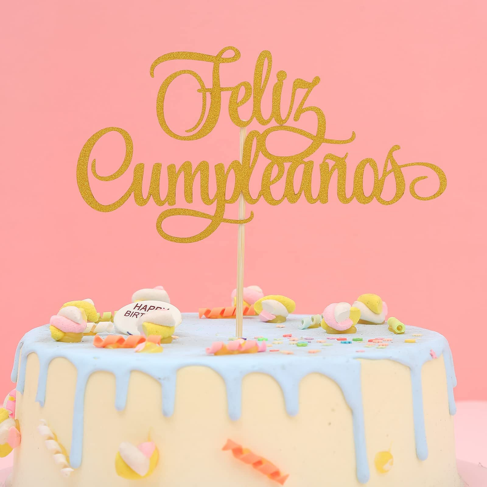 Spanish Feliz Cumpleaos Cake Topper - Gold Glitter Happy Birthday Cake Topper, Single-Side Gold Glitter Feliz Cumpleaos Decorations, Fiesta Theme Party Decoration Supplies (Gold)