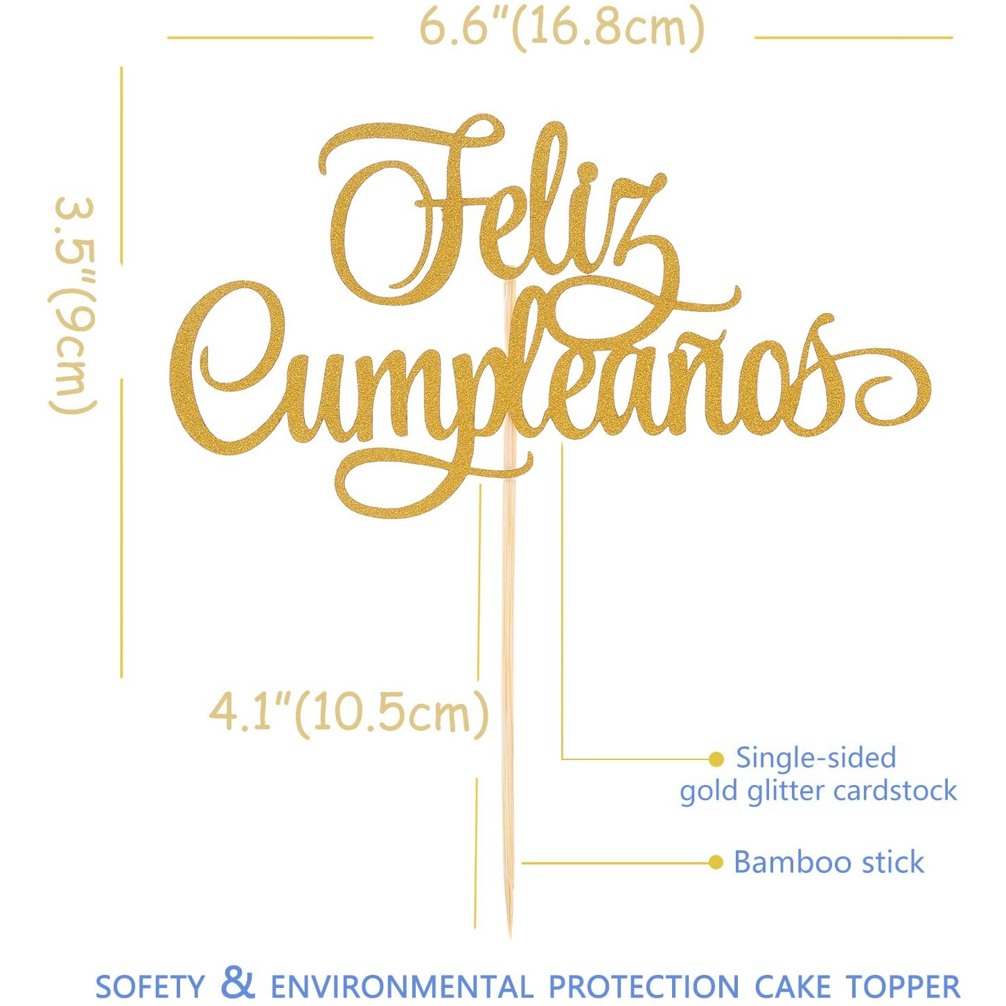 Spanish Feliz Cumpleaos Cake Topper - Gold Glitter Happy Birthday Cake Topper, Single-Side Gold Glitter Feliz Cumpleaos Decorations, Fiesta Theme Party Decoration Supplies (Gold)