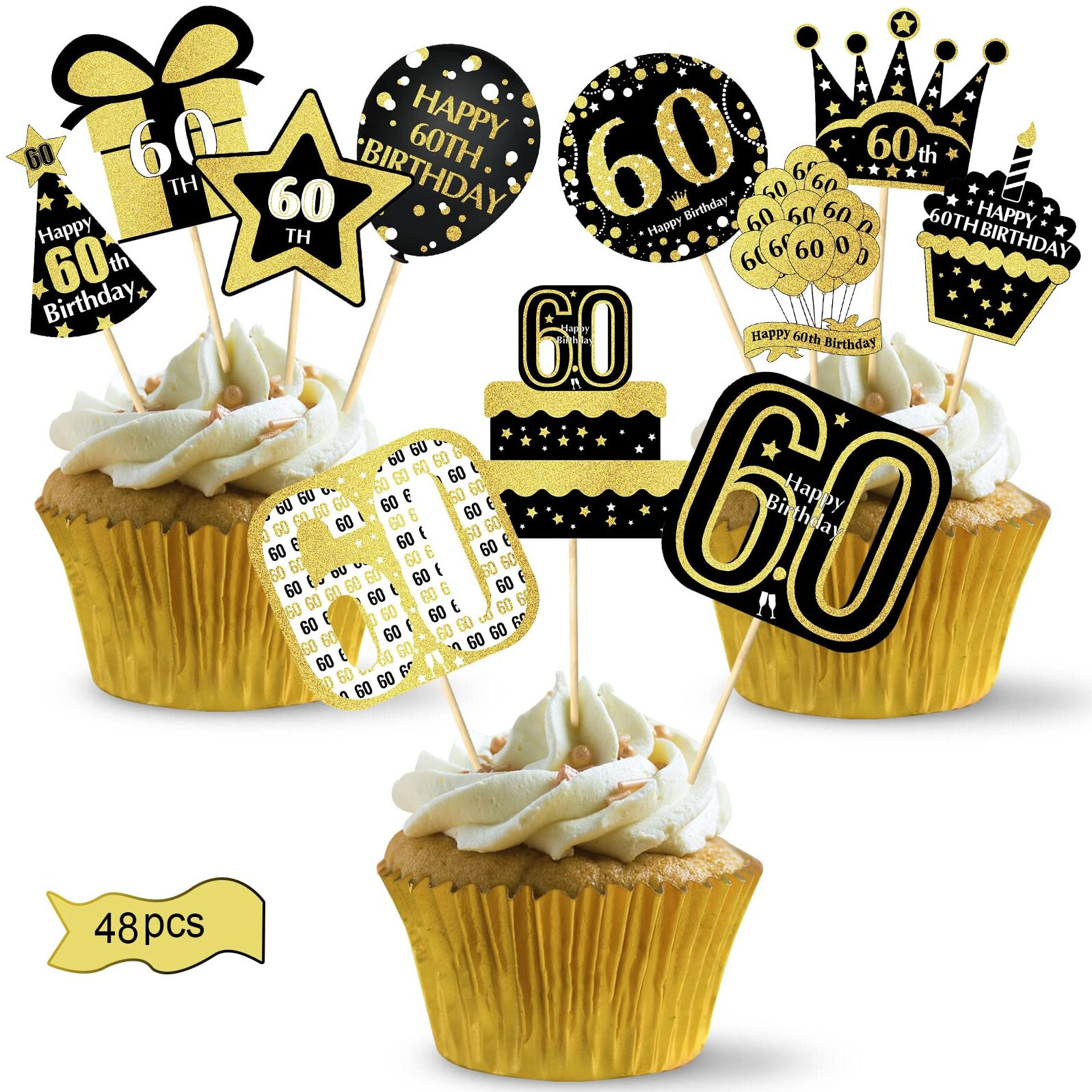48Pcs 60Th Birthday Cupcake Toppers Decorations For Men Women, Gold 60 Birthday Cake Topper Party Supplies, Happy Sixty Birthday Cupcake Picks Decor