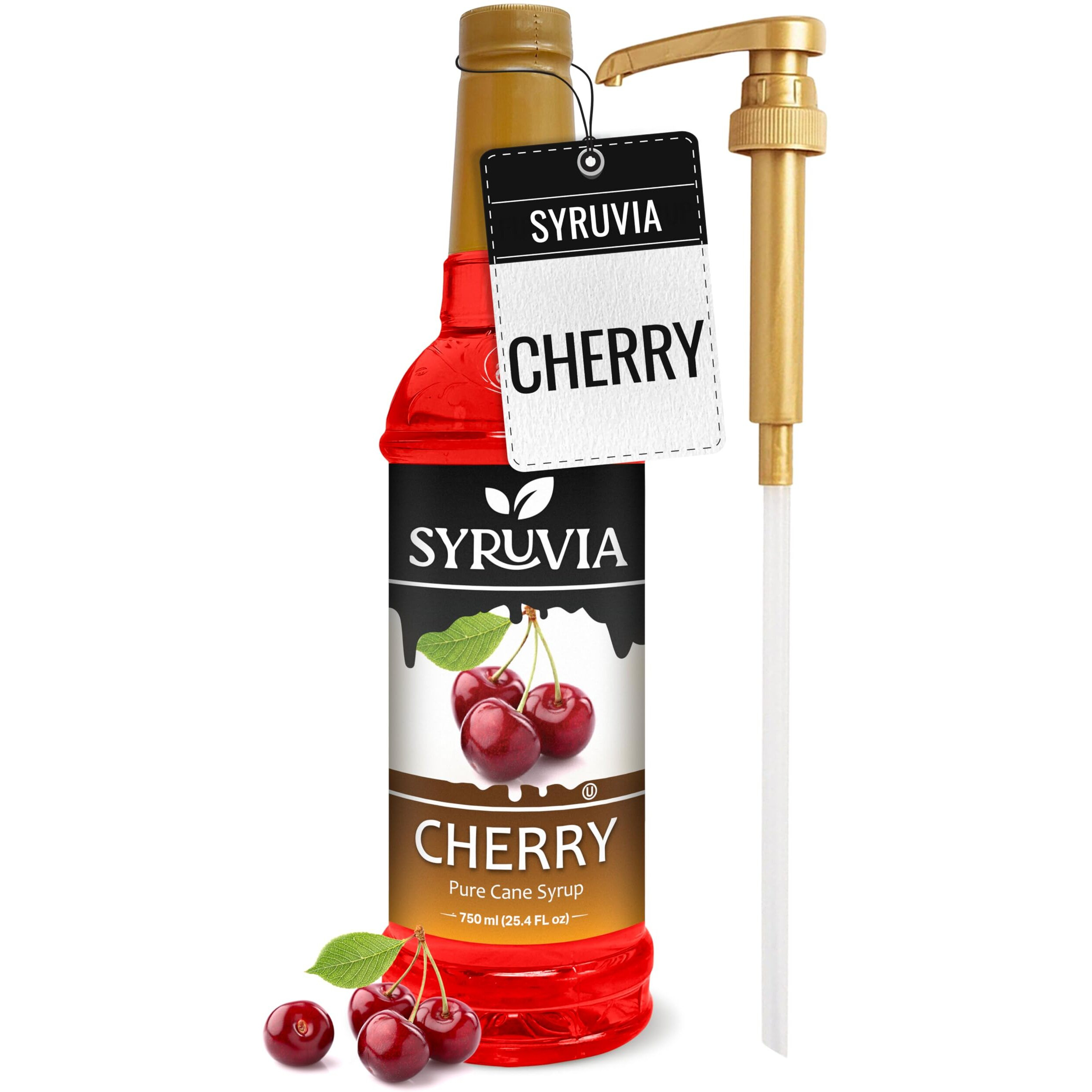 Syruvia Cherry Syrup - Premium Flavoring Syrup For Tea, Italian Sodas, Beverages, Desserts, Ice Cream, Cocktails & Mocktails - Kosher, Gluten Free - 25.4 Fl Oz. With Syrup Pump