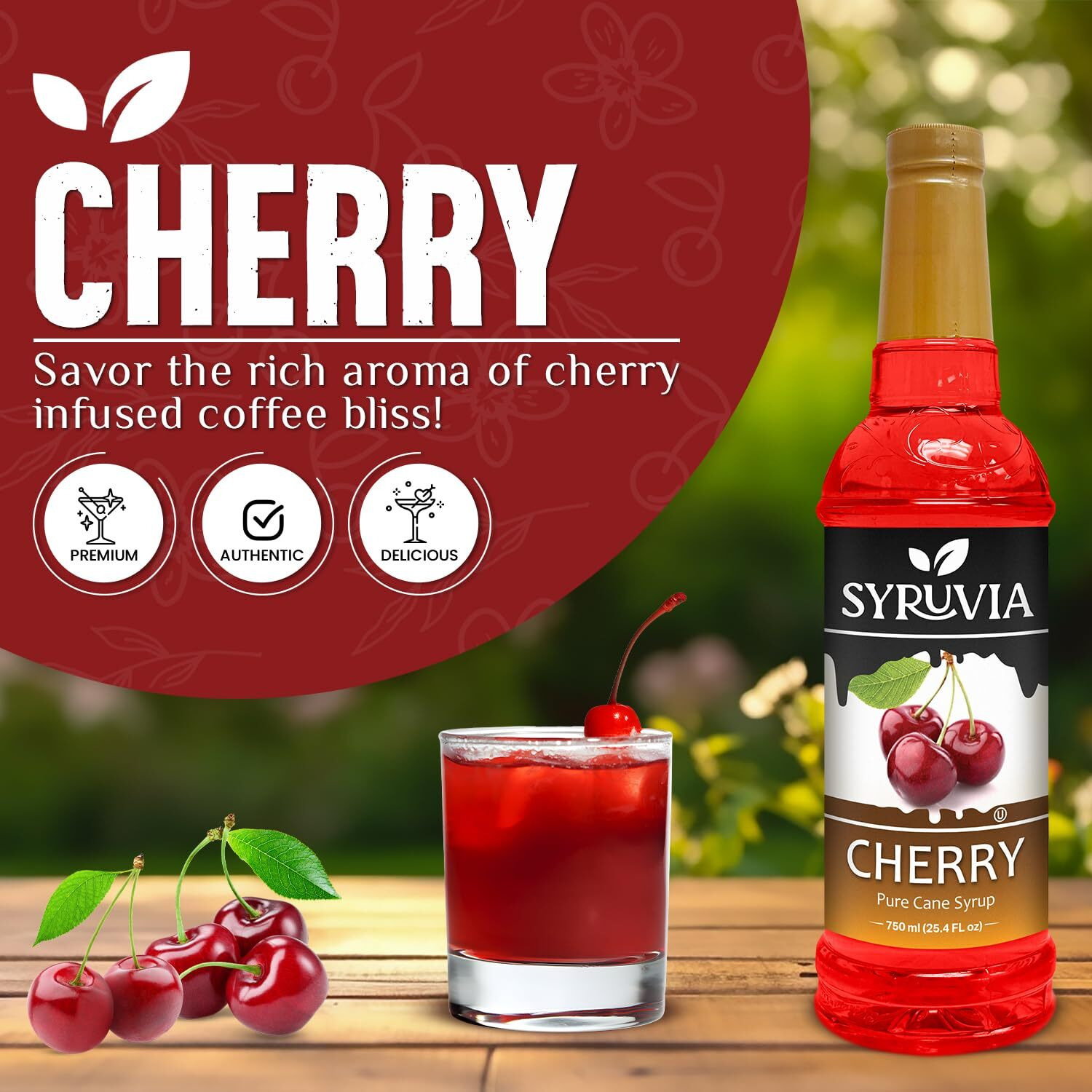 Syruvia Cherry Syrup - Premium Flavoring Syrup For Tea, Italian Sodas, Beverages, Desserts, Ice Cream, Cocktails & Mocktails - Kosher, Gluten Free - 25.4 Fl Oz. With Syrup Pump