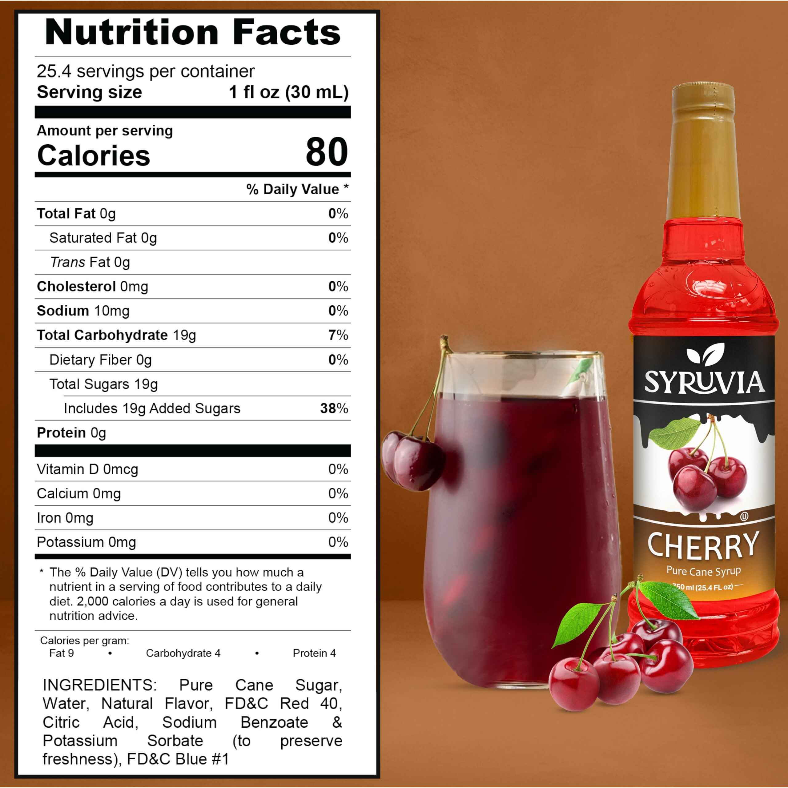 Syruvia Cherry Syrup - Premium Flavoring Syrup For Tea, Italian Sodas, Beverages, Desserts, Ice Cream, Cocktails & Mocktails - Kosher, Gluten Free - 25.4 Fl Oz. With Syrup Pump