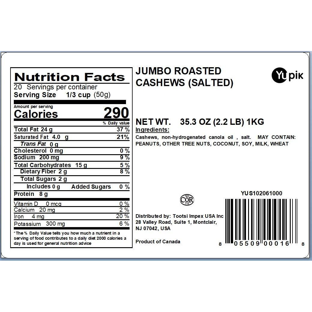 Yupik Roasted Salted Jumbo Cashews, 2.2 Lb, Gluten-Free, Kosher, Vegan, Large Crunchy Nuts, Lightly Seasoned With Salt, Source Of Protein & Iron, Savory Snacks