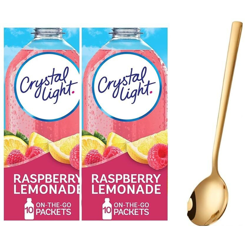 Crystal Light On The Go Drink Mix - Two (2) Pack Of 10Pck - Sugar-Free, Low-Calorie Refreshment With One Sukkar Pasha Long Golden Ss Stirring Spoon (Raspberry Lemonade)