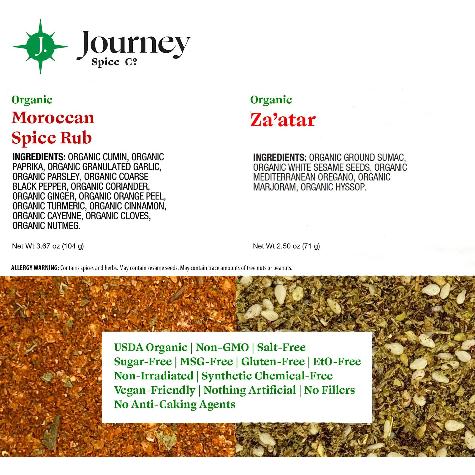 Gourmet Organic Moroccan Spice Rub & Organic Zaatar Gift Set By Journey Spice Co. | Salt-Free | Mediterranean Seasoning | Meat & Vegetable Seasoning