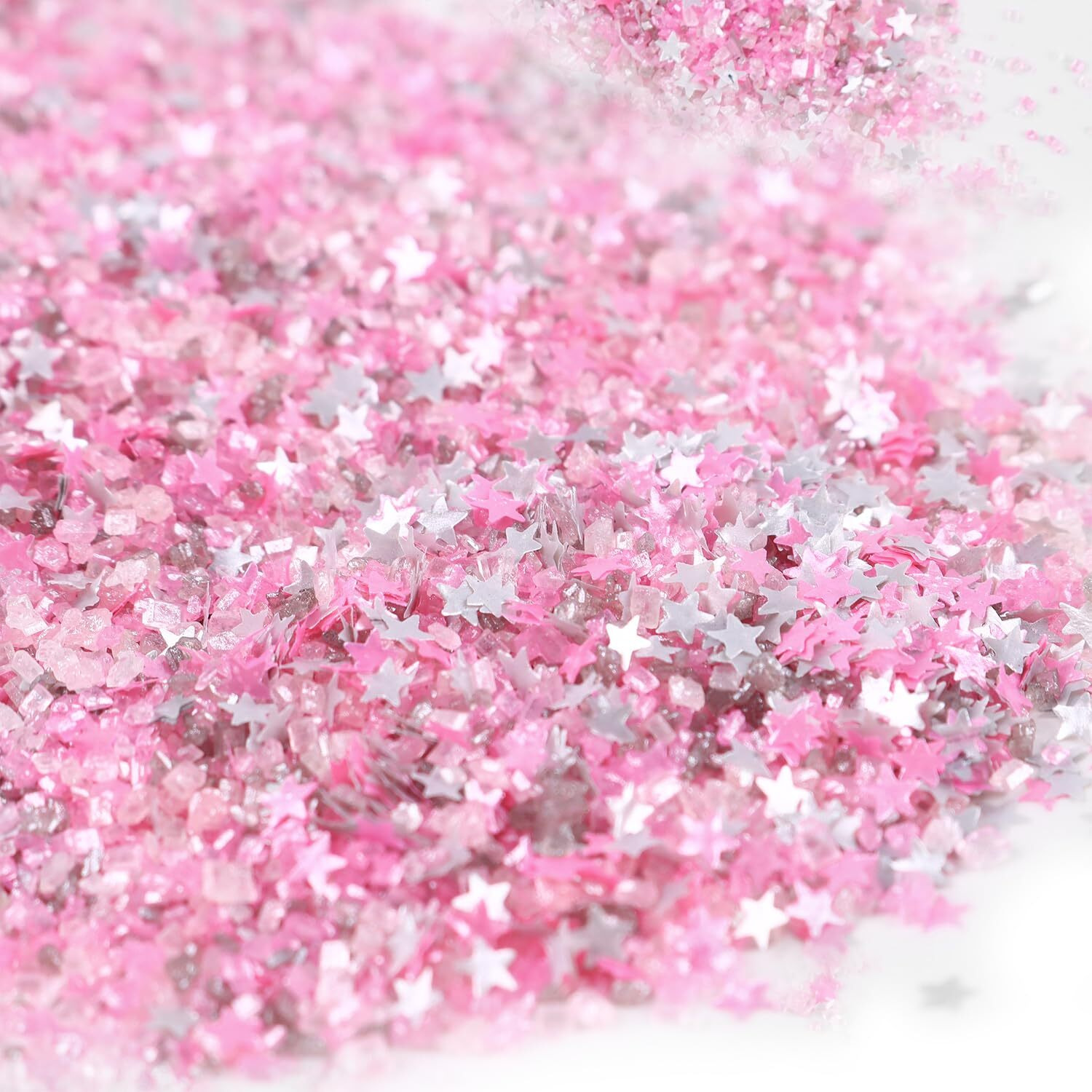 Sanding Sugar Edible Silver Glitter Stars Mix, Edible Pink Sugar Sprinkles For Cake Decorating, Sparkling Edible Pink Sanding Sugar For Cupcake Toppers Cookie Decorations For Wedding Party Celebrations 3.5Oz (Pink)