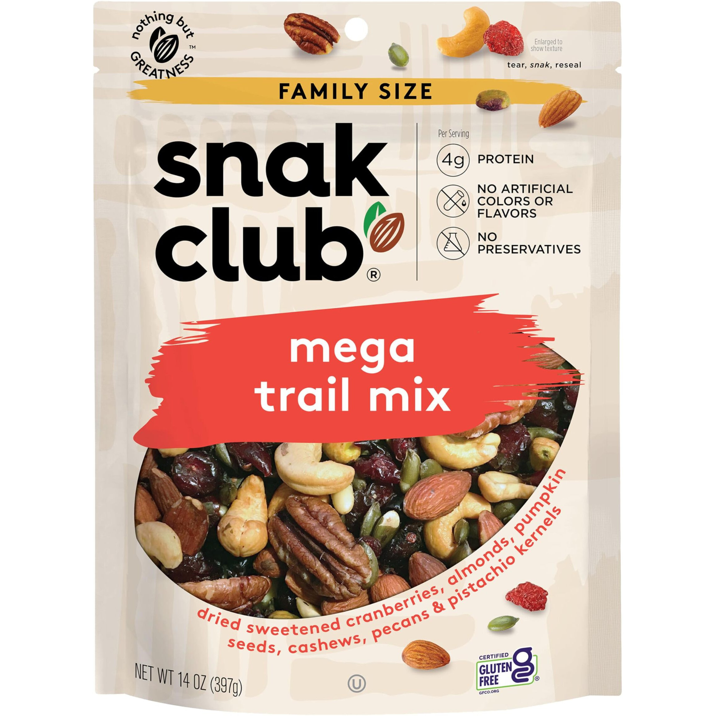 Snak Club Mega Trail Mix With Cranberries, Almonds, Pumpkin Seeds, Cashews, Pecans, And Pistachio Kernels, Gluten-Free And Kosher Snack, 14 Oz Resealable Bag
