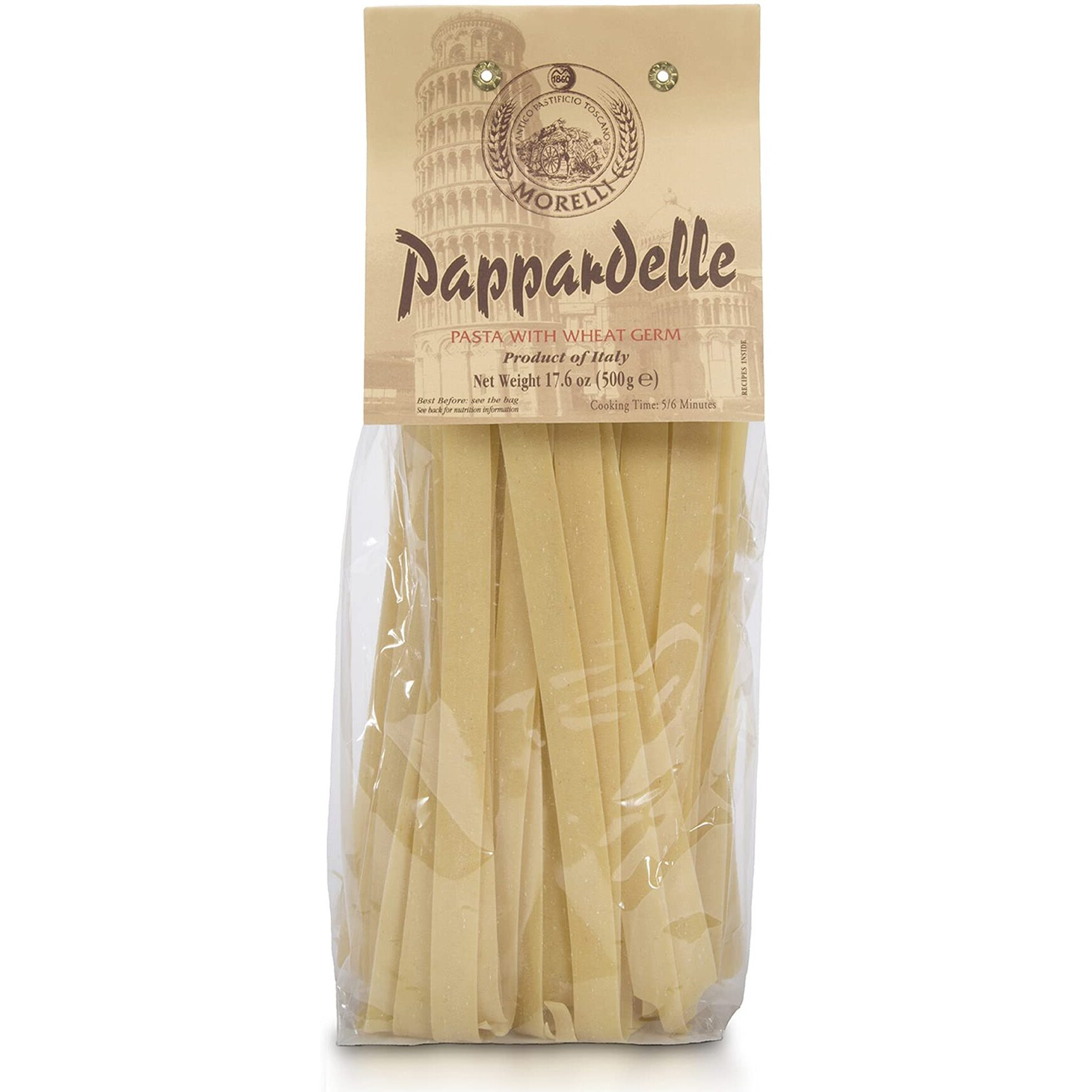 Morelli Pappardelle Pasta Noodles - Organic Pasta With Wheat Germ - Imported Pasta From Italy, Pappardelle Noodles Pasta, Wide Noodles, 17.6Oz (500G)