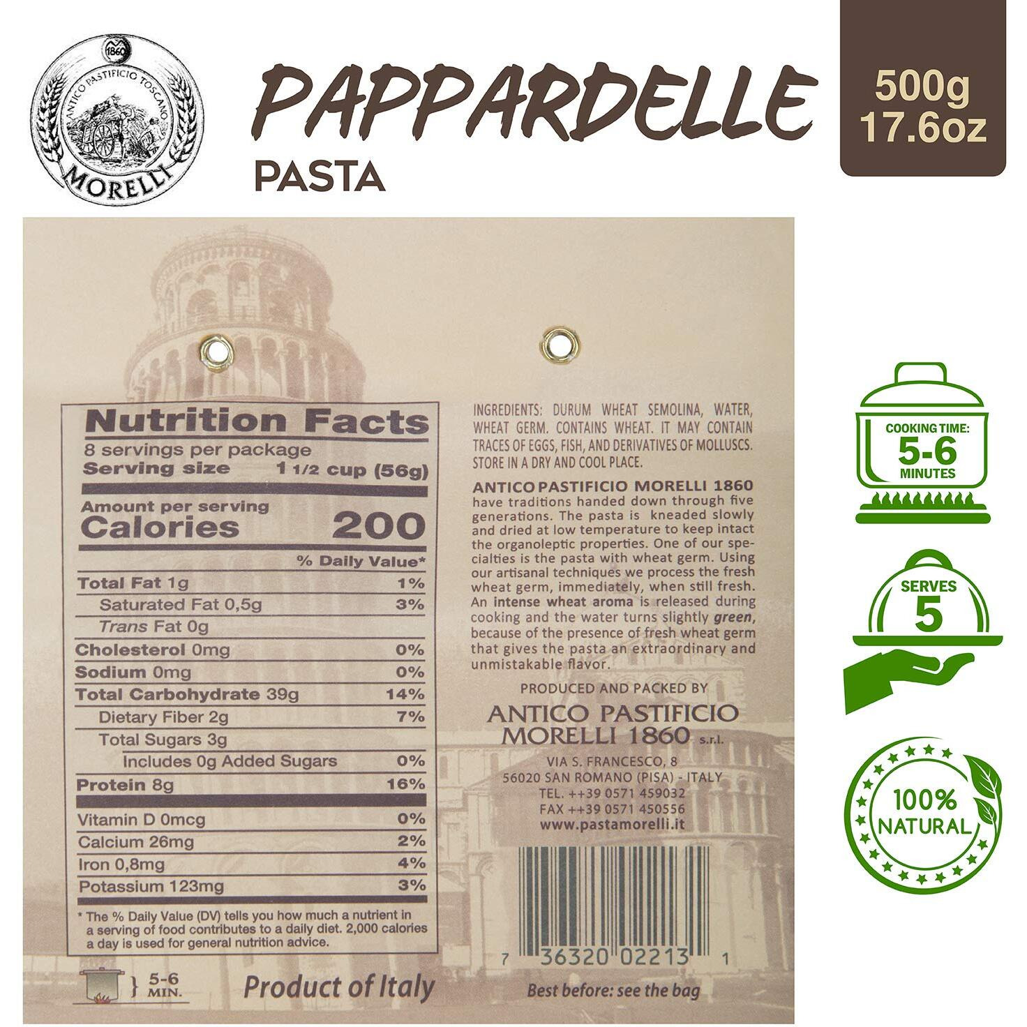 Morelli Pappardelle Pasta Noodles - Organic Pasta With Wheat Germ - Imported Pasta From Italy, Pappardelle Noodles Pasta, Wide Noodles, 17.6Oz (500G)