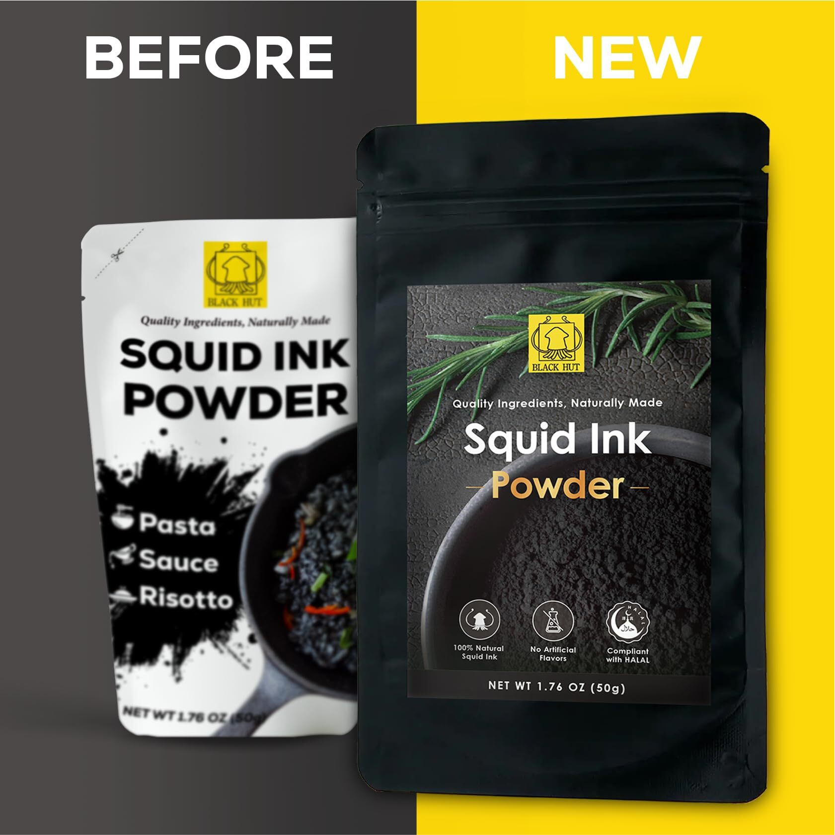 Black Hut Squid Ink Powder, Food Coloring For Rice Noodles Pasta Spaghetti Risotto, Nero Di Seppia, Tinta De Sepia, Halal Certificate, Contains Molluscs, 1.76Oz / 50G (Pack Of 1)
