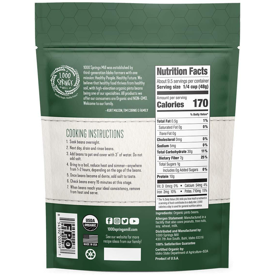 1000 Springs Mill - Organic Pinto Beans | Used For Soups, Stews, Dips, Chili, Burritos, Refried Beans And More | Bulk Dry Brown Beans | Resealable Bag | Vegan Friendly | 16Oz (Pack Of 1)
