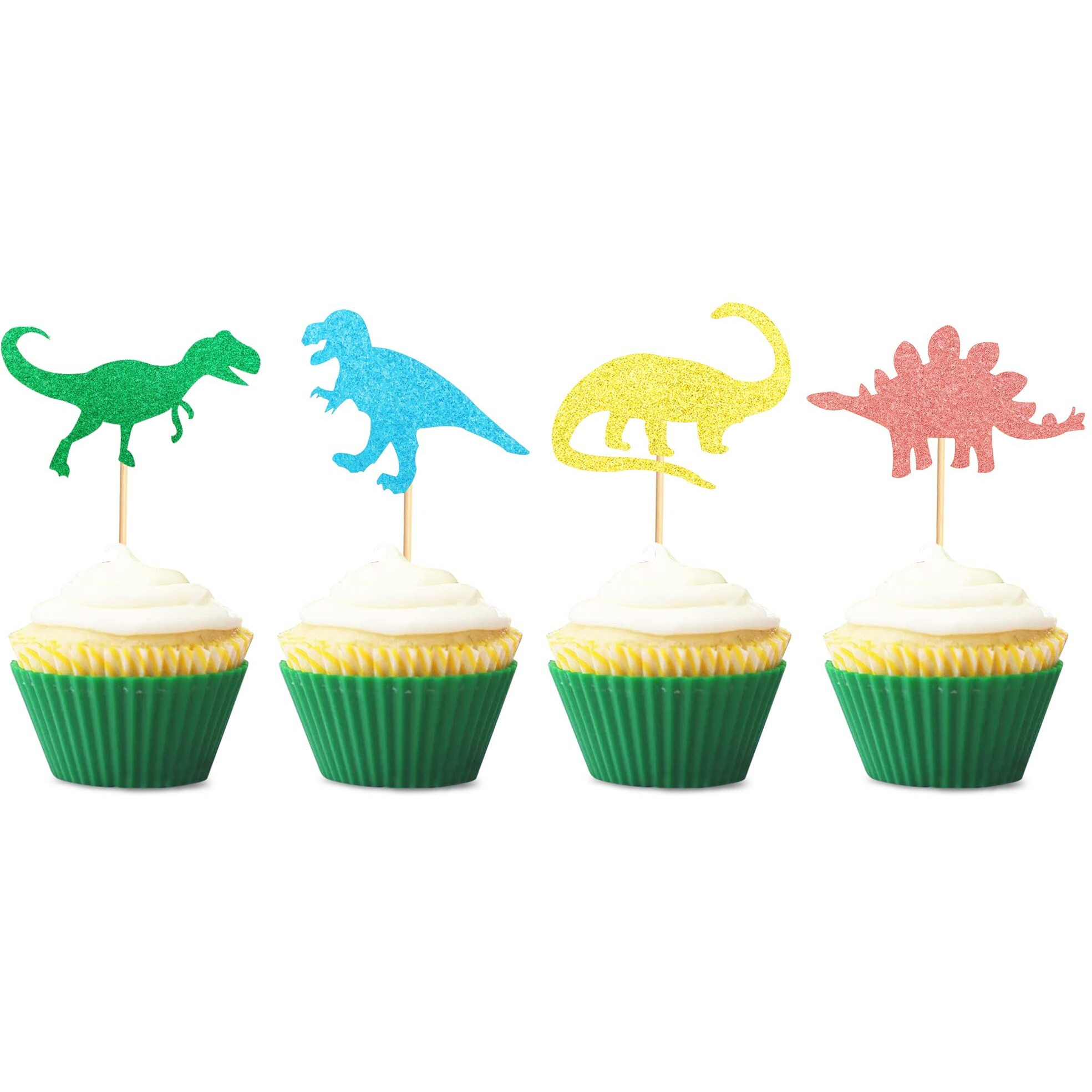 Arthsdite Pack Of 48 Glitter Pre-Assembled Dinosaur Cupcake Toppers Gold Green Dino Cupcake Picks Glitter For Kids First Birthday Baby Shower Cake Decoration