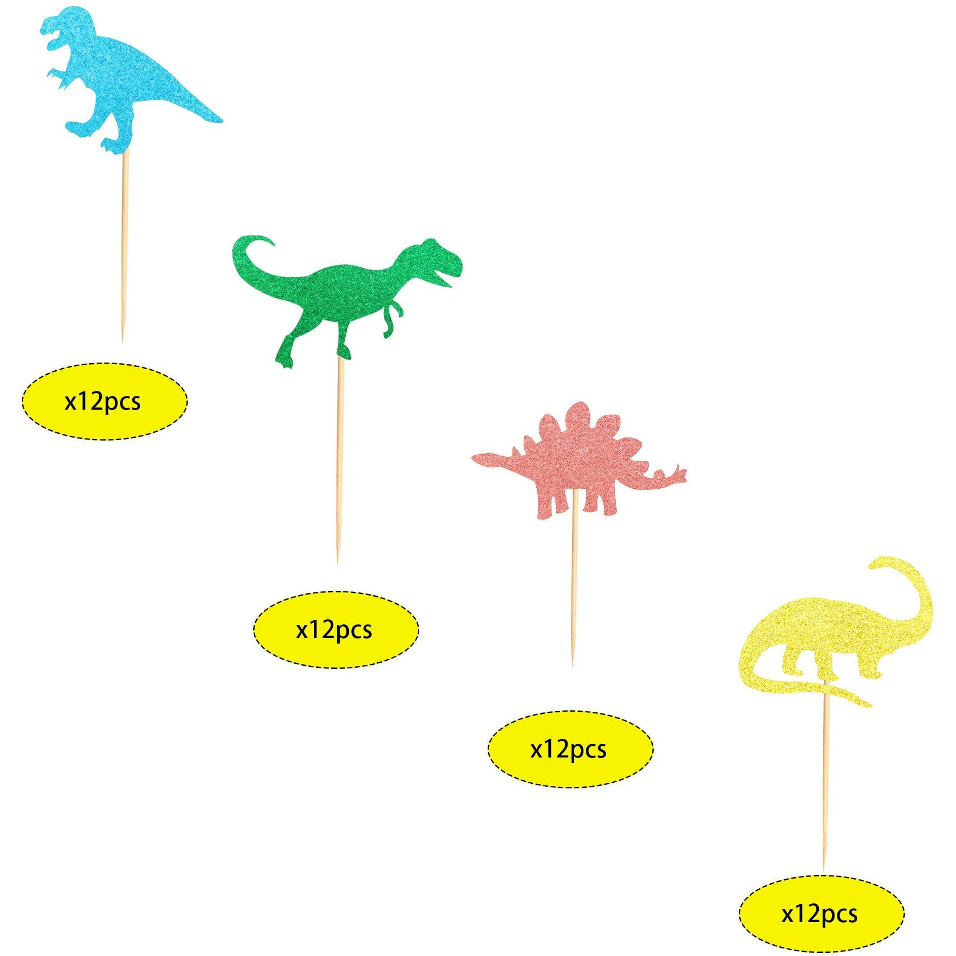 Arthsdite Pack Of 48 Glitter Pre-Assembled Dinosaur Cupcake Toppers Gold Green Dino Cupcake Picks Glitter For Kids First Birthday Baby Shower Cake Decoration