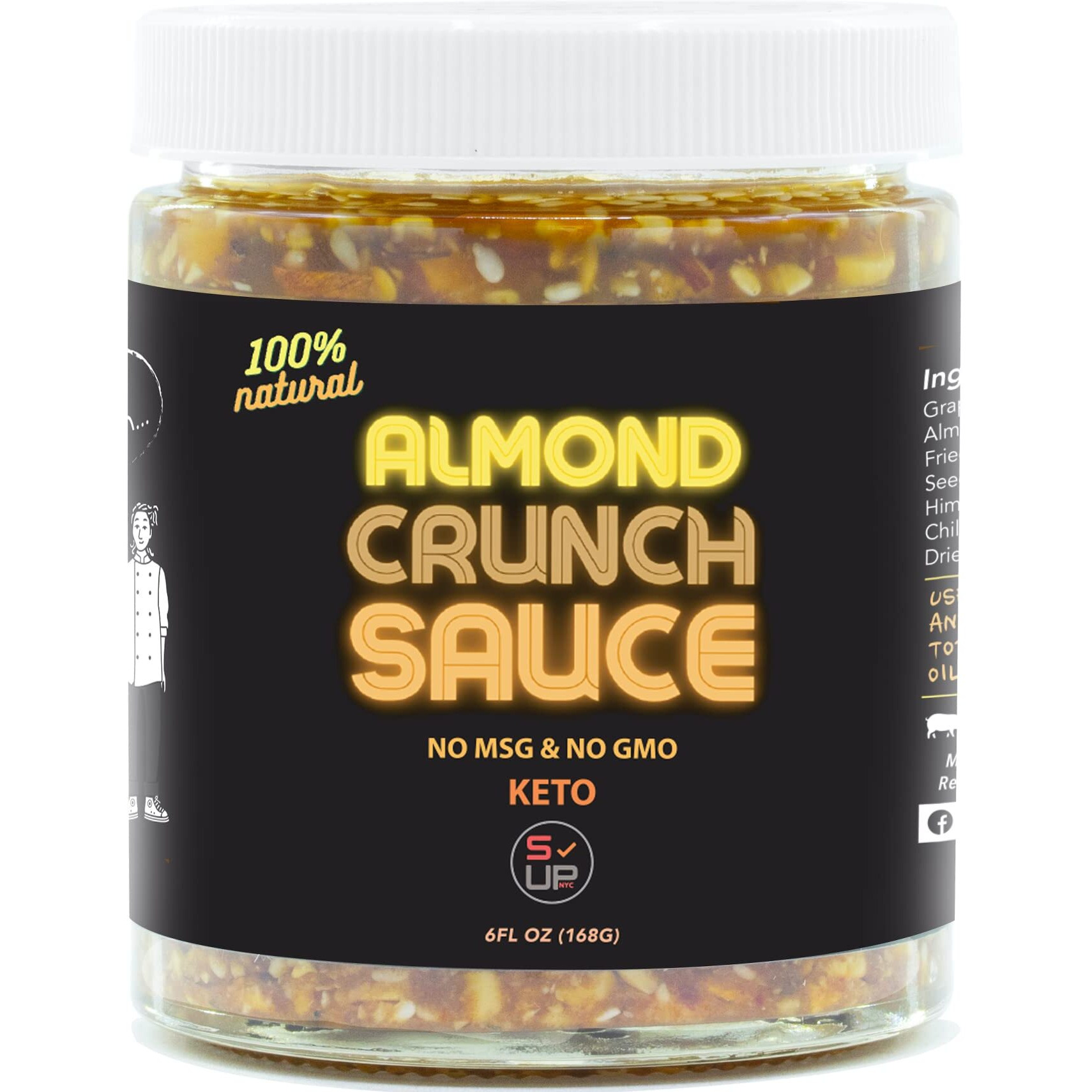 Sauce Up 100% Natural Nut-Crunch 6Oz- Premium Ingredients, Vegan, Keto, Gf, Zero Msg, Flavor Bomb, (Roasted, Crunchy, Nutty, Sweet, Flavorful, Savory)- Good On Anything Crunchy Oil/Sauce (Almond)