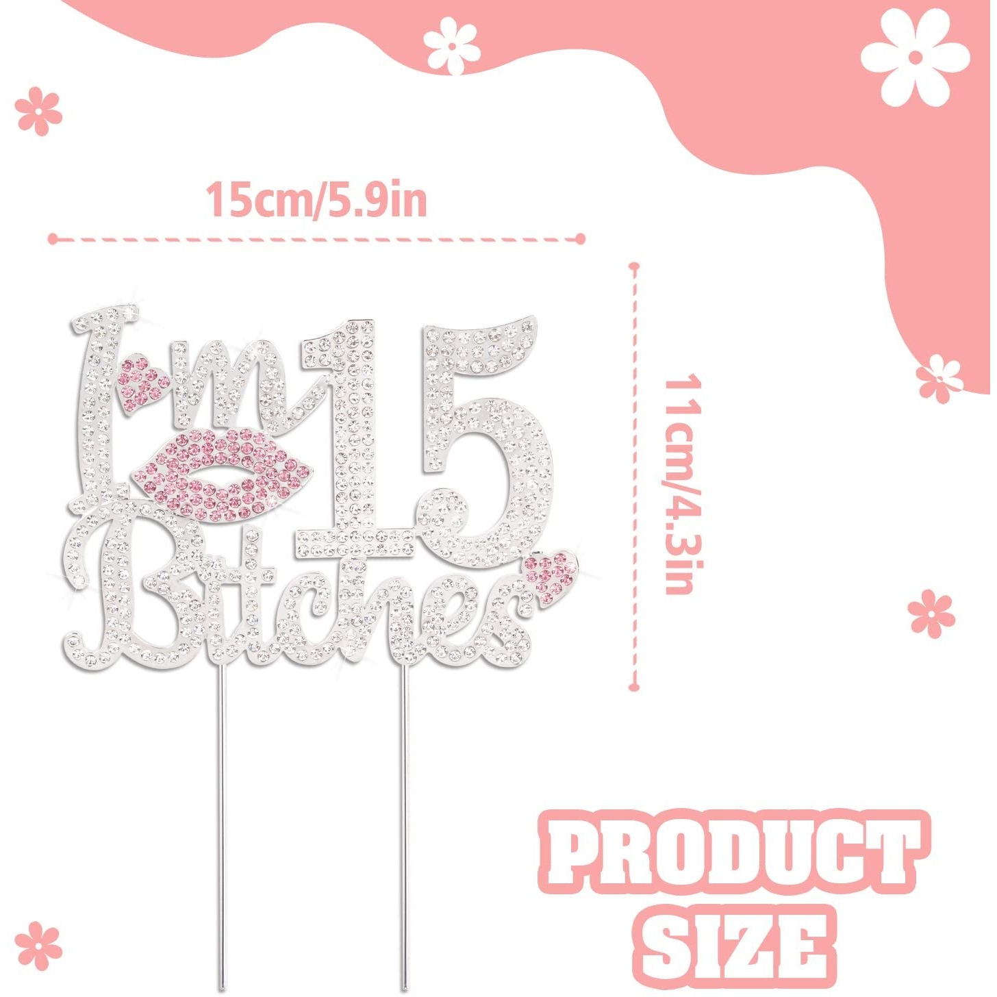 Laskyer I'M 15Th Funny Birthday Pink Rhinestone Cake Topper - Happy 15Th Birthday Cheers To 15 Years Old Fifteen Bday Party Metal Sparkly Food Centerpieces Topper Decorations Sign.