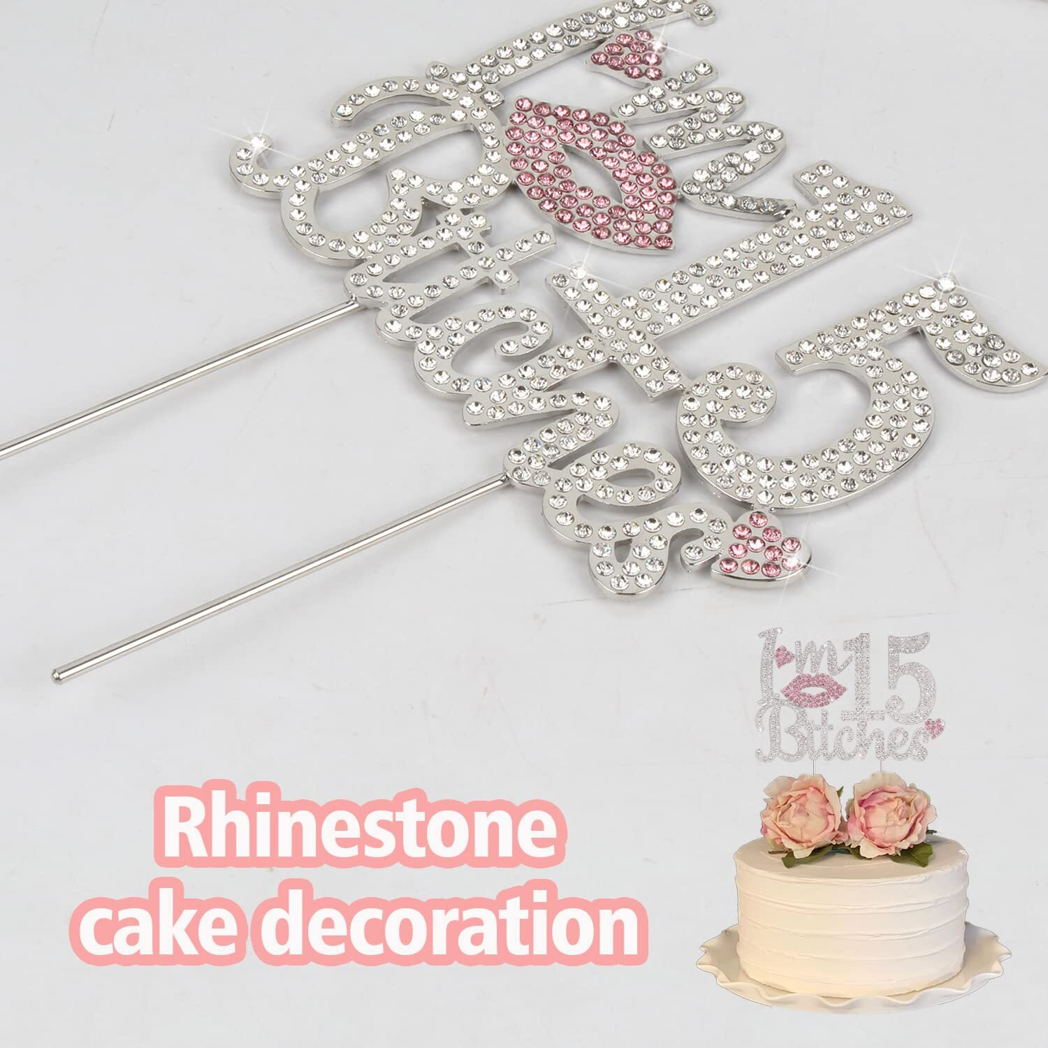 Laskyer I'M 15Th Funny Birthday Pink Rhinestone Cake Topper - Happy 15Th Birthday Cheers To 15 Years Old Fifteen Bday Party Metal Sparkly Food Centerpieces Topper Decorations Sign.