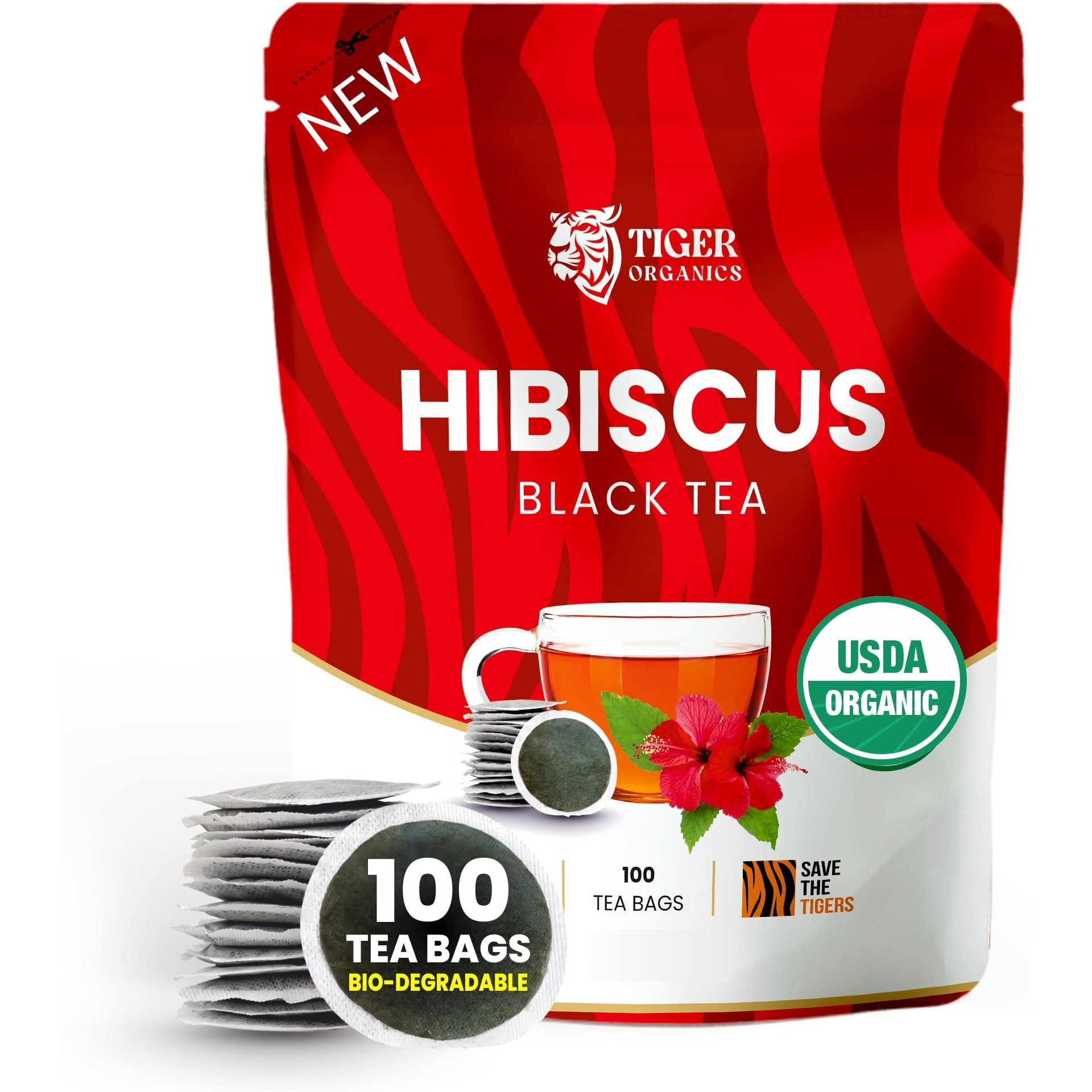 Tiger Organics, Hibiscus Black Tea - 100 Biodegradable Teabags | Improves Heart Health & Boosts Immunity | Essential After-Dinner Sip | Usda Organic Certified