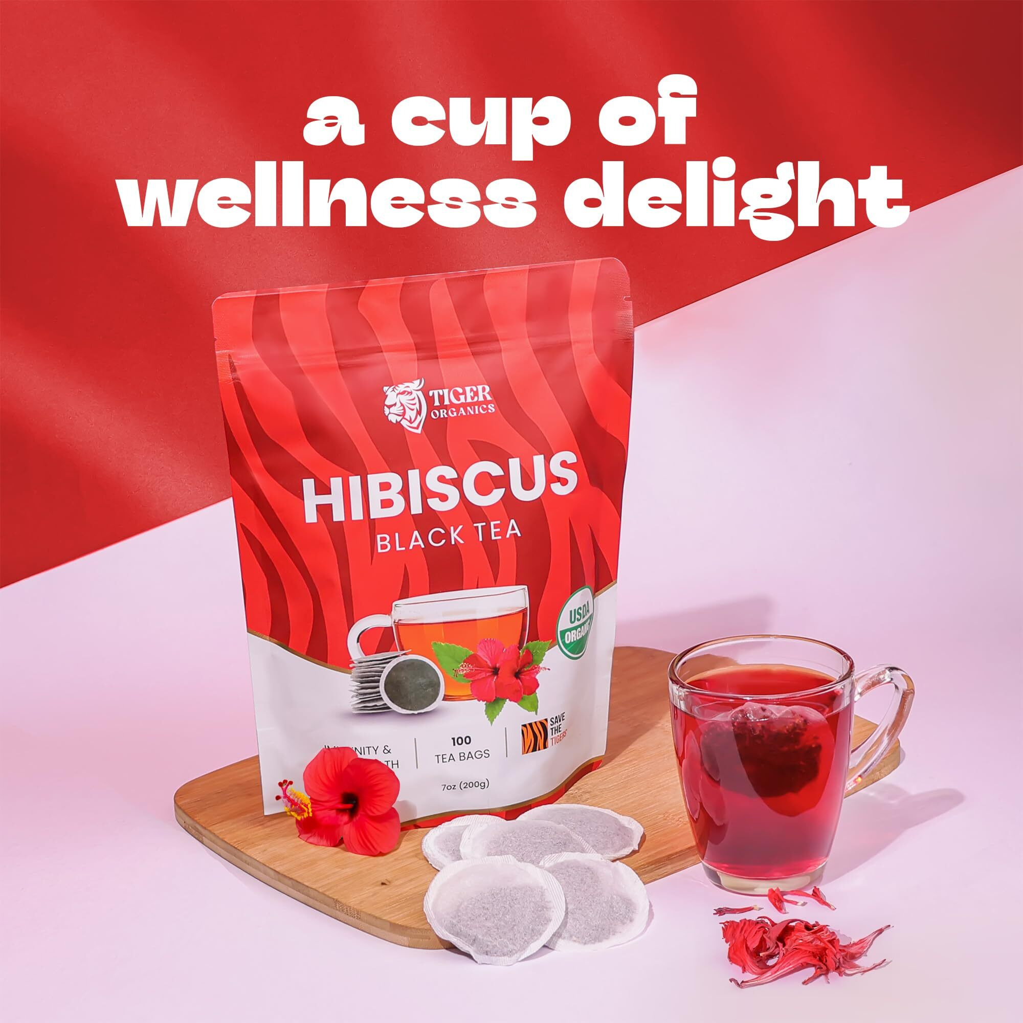 Tiger Organics, Hibiscus Black Tea - 100 Biodegradable Teabags | Improves Heart Health & Boosts Immunity | Essential After-Dinner Sip | Usda Organic Certified