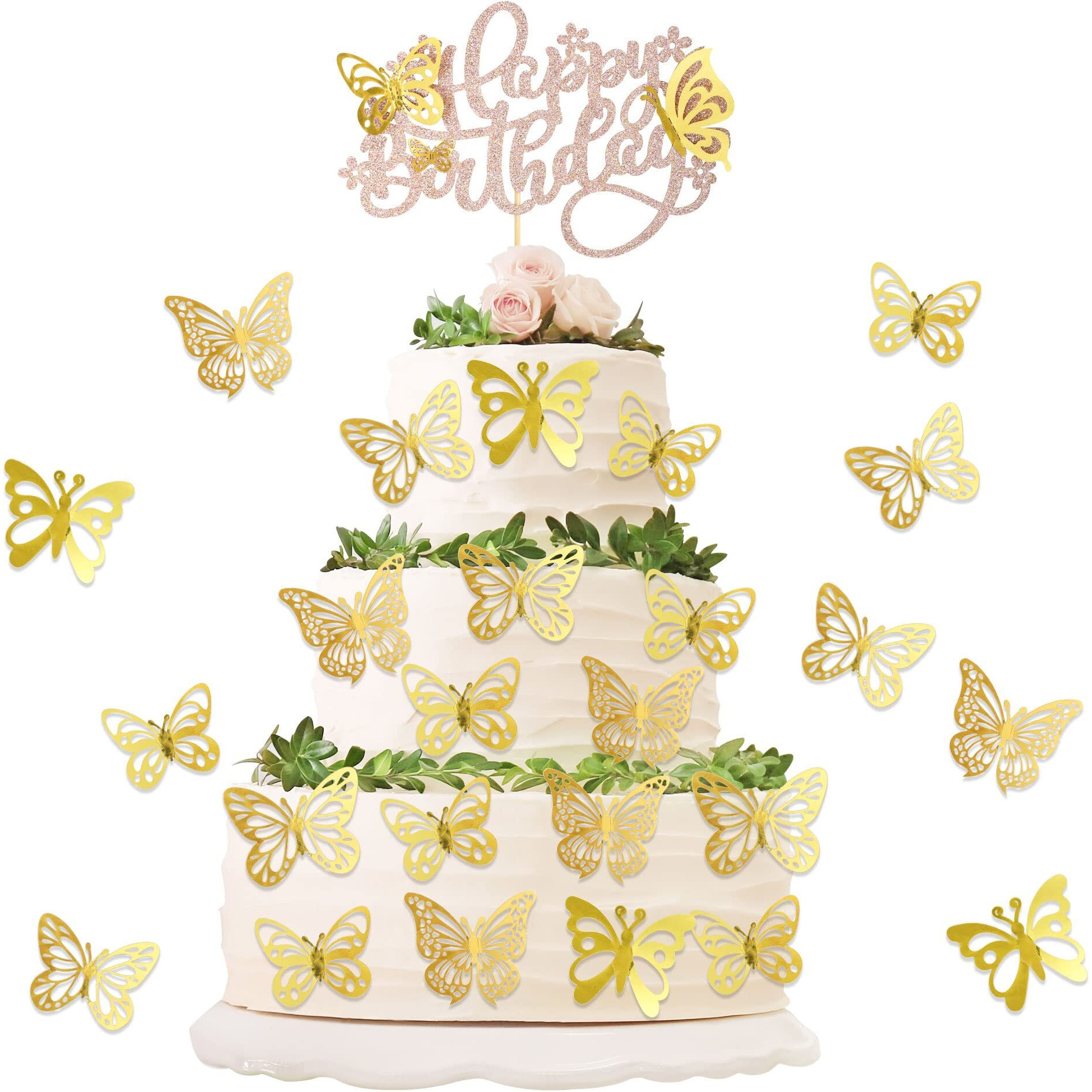 25Pcs Butterfly Cake Toppers Happy Birthday Cake Topper Gold 3D Butterfly Cupcake Topper For Girls Women's Happy Birthday Cake Topper Birthday Cake Decorations Butterfly Party Decorations Rose Gold