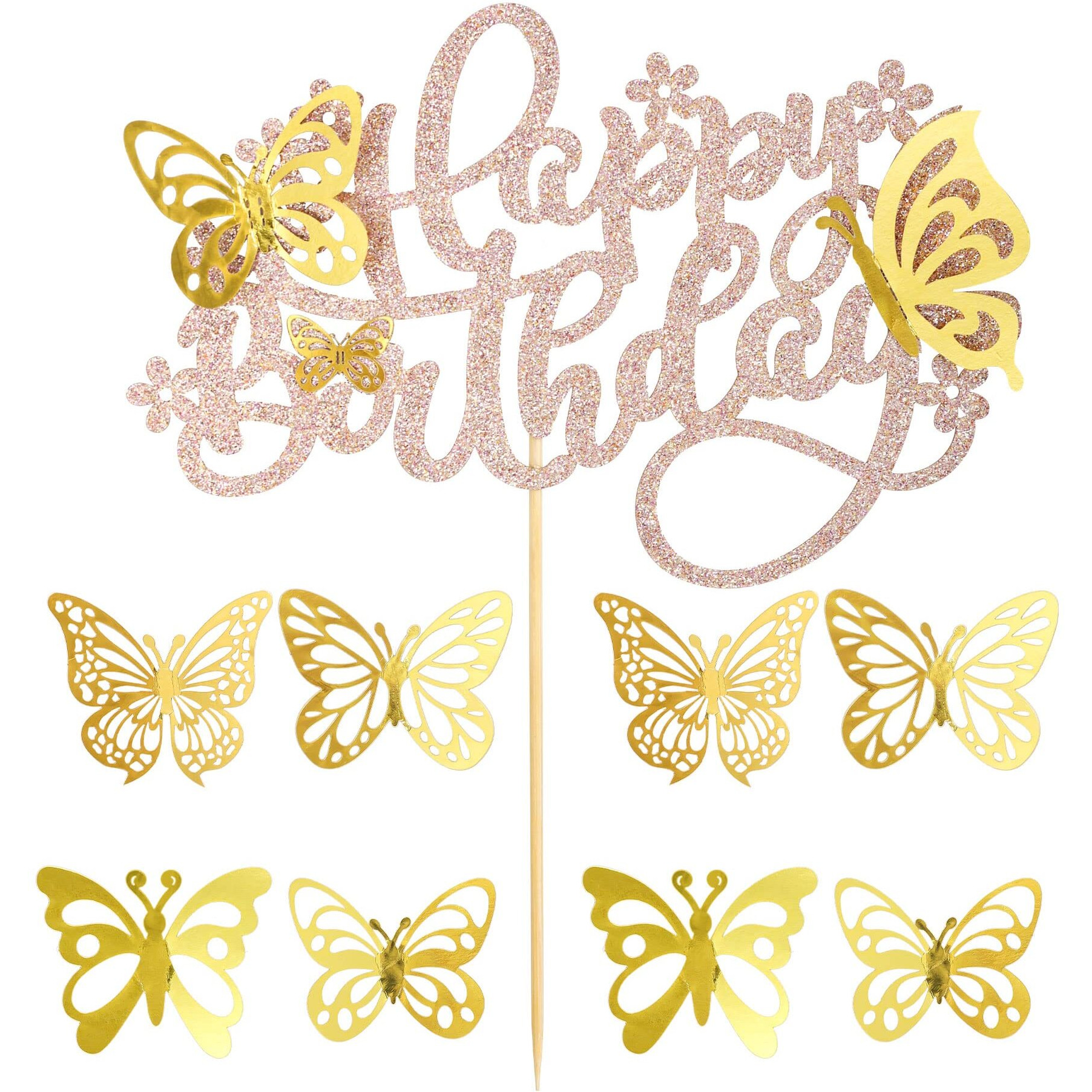 25Pcs Butterfly Cake Toppers Happy Birthday Cake Topper Gold 3D Butterfly Cupcake Topper For Girls Women's Happy Birthday Cake Topper Birthday Cake Decorations Butterfly Party Decorations Rose Gold