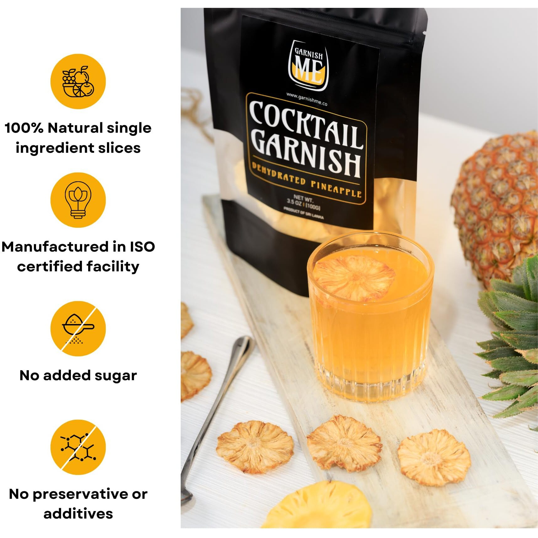 30 Dehydrated Pineapple Slices | Me Garnish 3.5Oz Natural Fresh Dried Pineapple Wheels | Dehydrated Pineapple Garnish | Edible Cocktail Garnish | Dried Fruit For Cocktails | Cocktail Decorations For Drinks