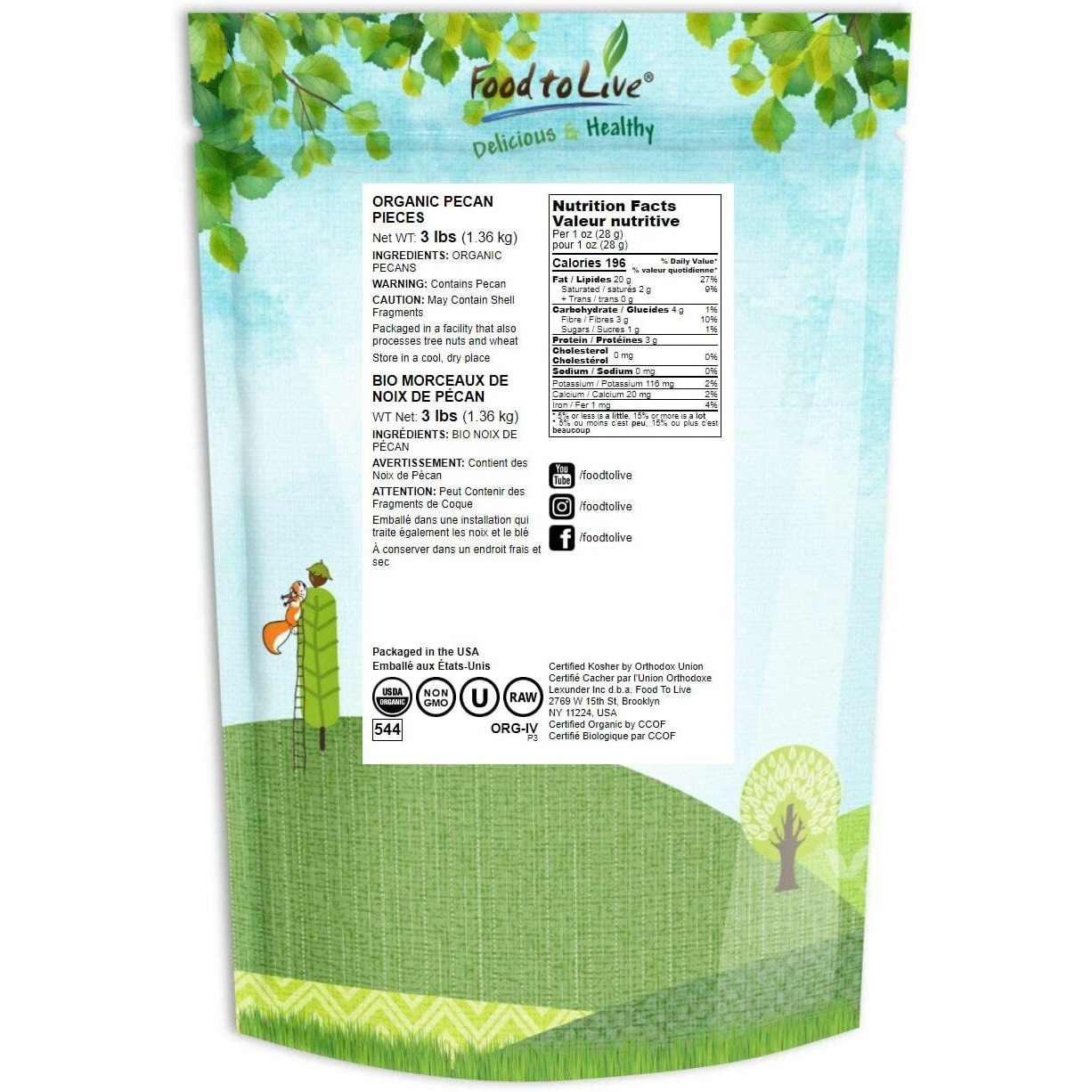 Food To Live Organic Pecan Pieces, 3 Pounds Raw, Chopped Pecans, Non-Gmo, Unsalted, Unroasted, Kosher, Shelled, Kosher, Vegan, Sirtfood, Bulk. Keto-Friendly. Good Source Of Iron, And Calcium.